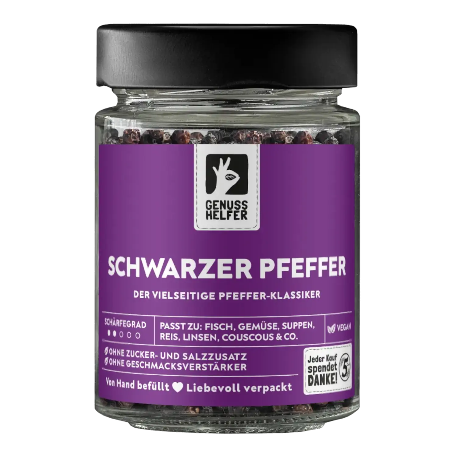 Pfeffer schwarz, ganz, im Glas Vorderansicht eines Glases mit schwarzem Pfeffer (ganz)