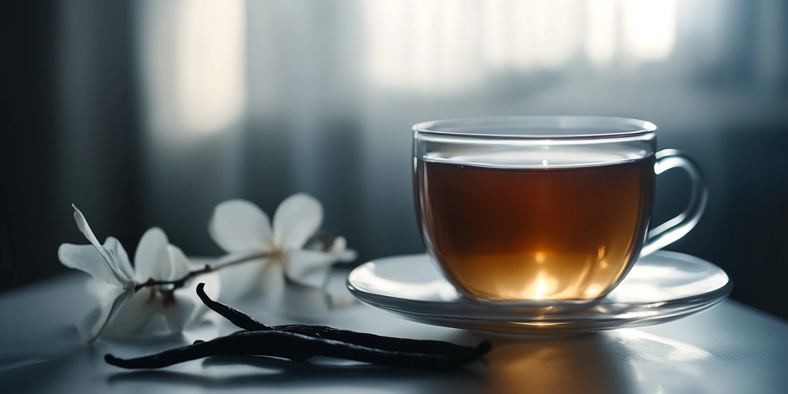 Tasse mit Vanille-Schwarztee-Mischung dampfend serviert