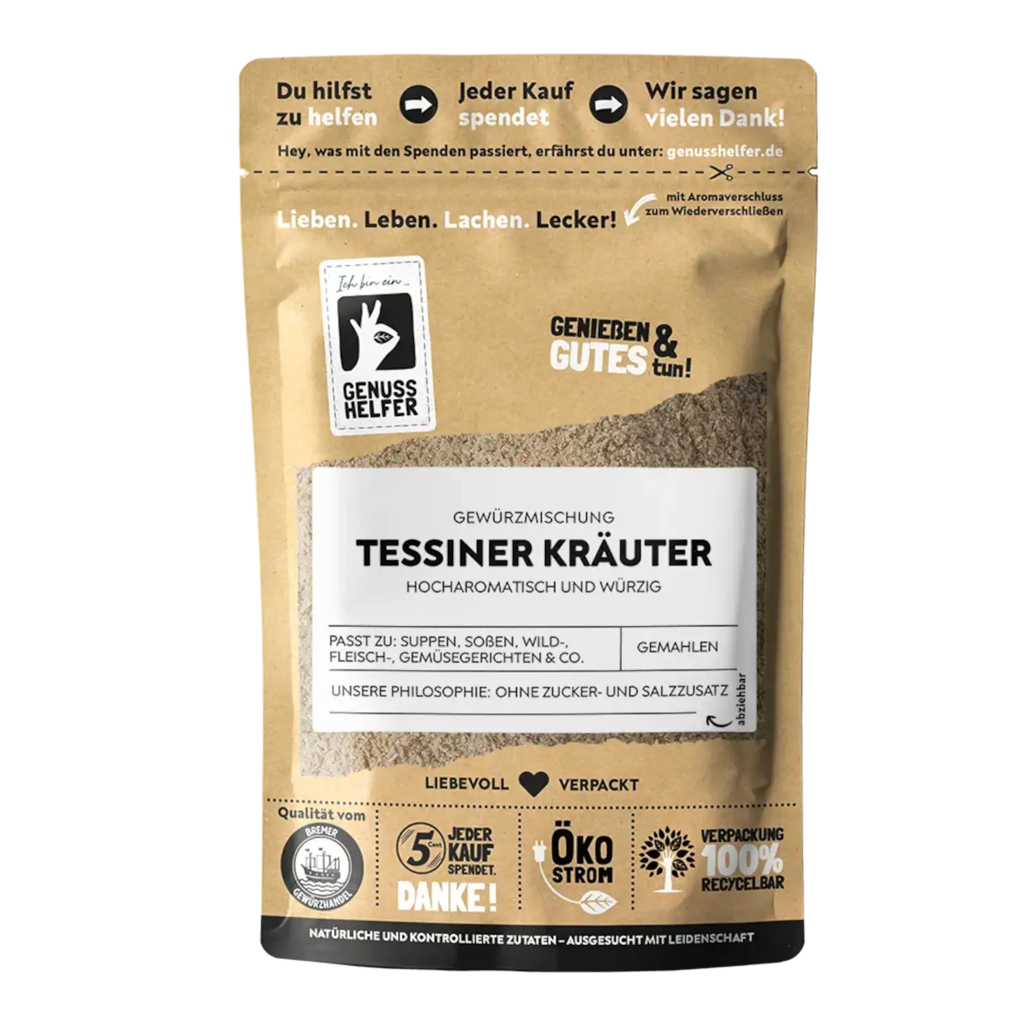 Tessiner Kräuter, gemahlen Vorderansicht eines Beutels mit gemahlenen Tessiner Kräutern