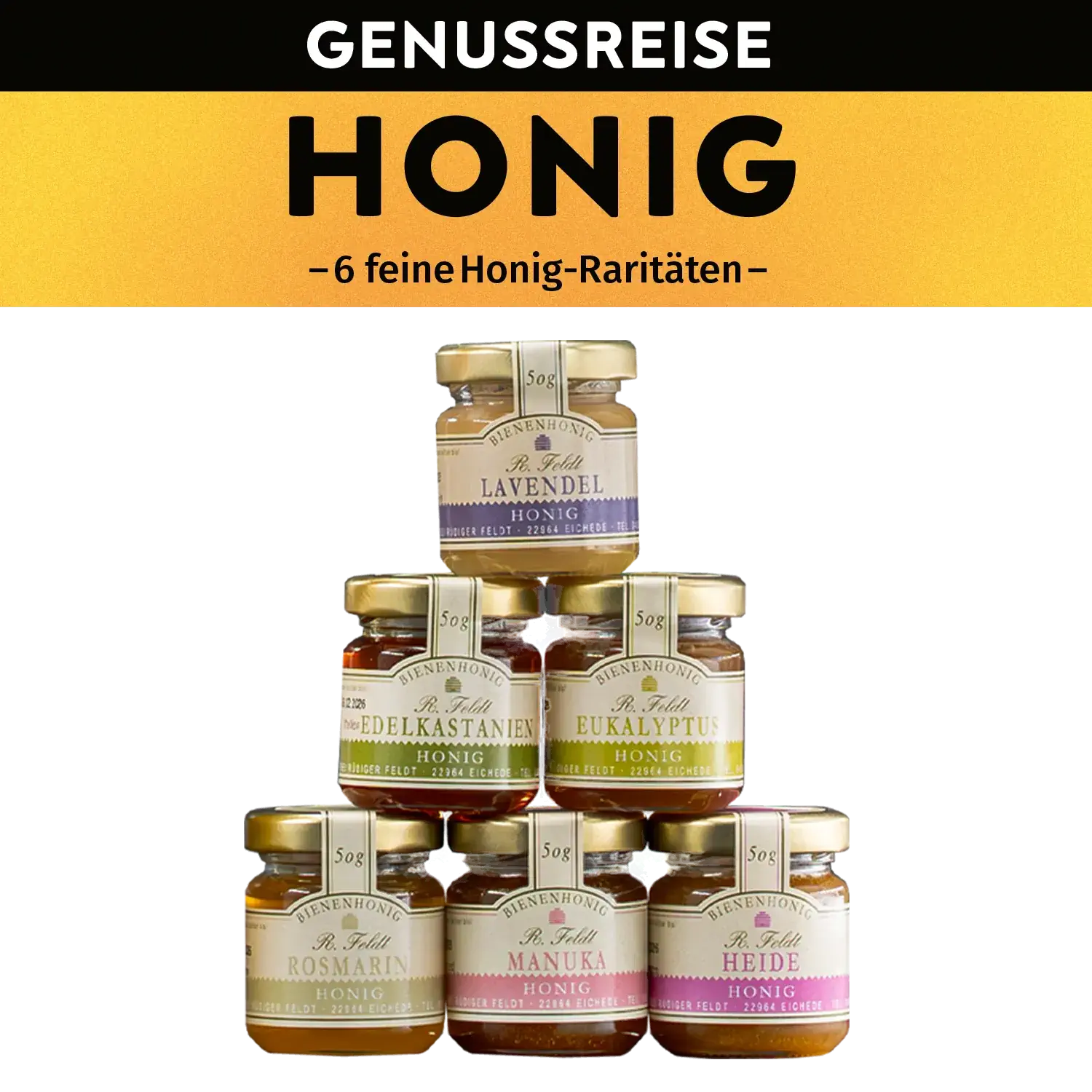 Genussreise Honigraritäten, 6 Tlg. Zusammenstellung der Gläser und Kartonrolle der Genussreise Honigraritäten