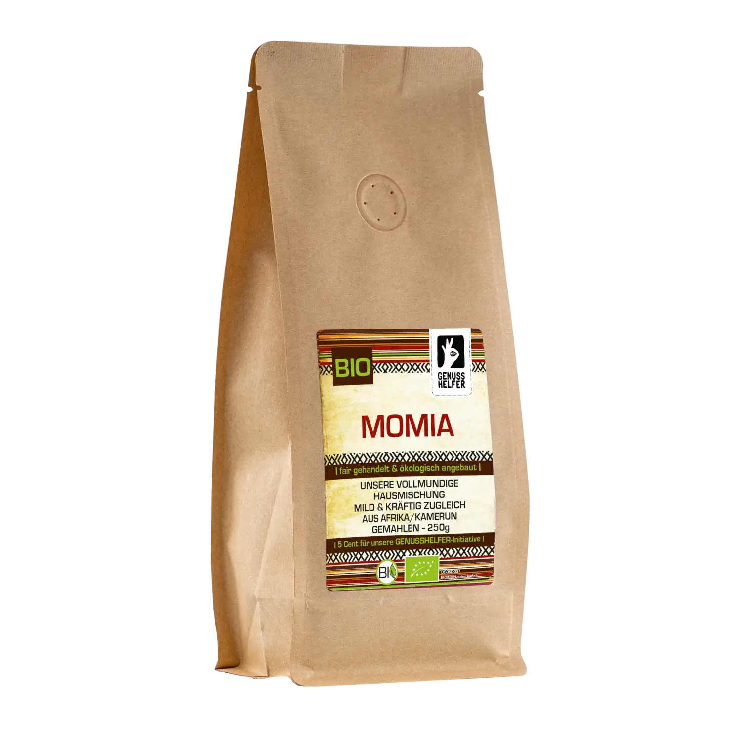 Vorderansicht eines 250-g-Beutels mit gemahlenem Kaffee „Momia“