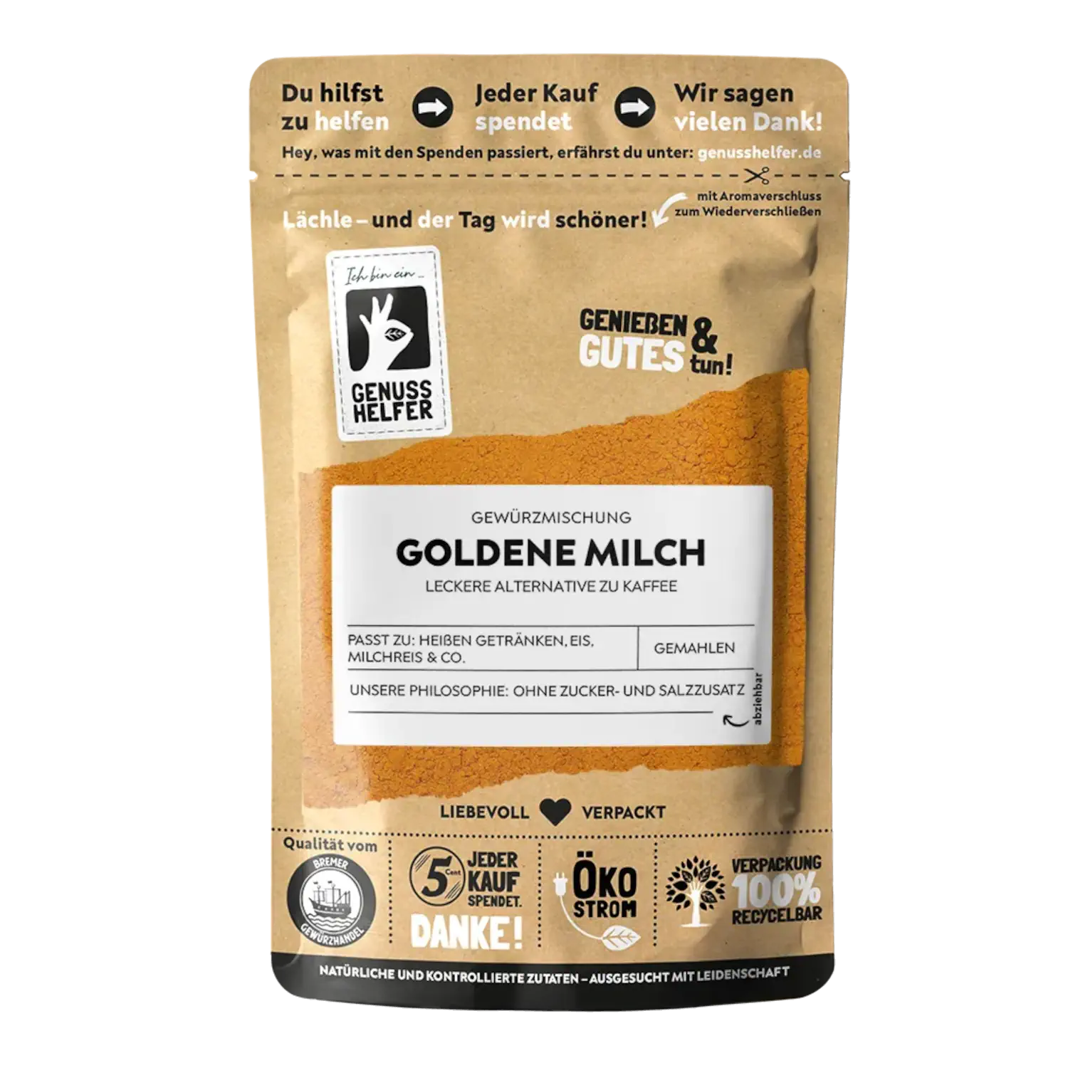 Goldene Milch Gewürzmischung Vorderansicht eines Beutels mit Topping für Goldene Milch