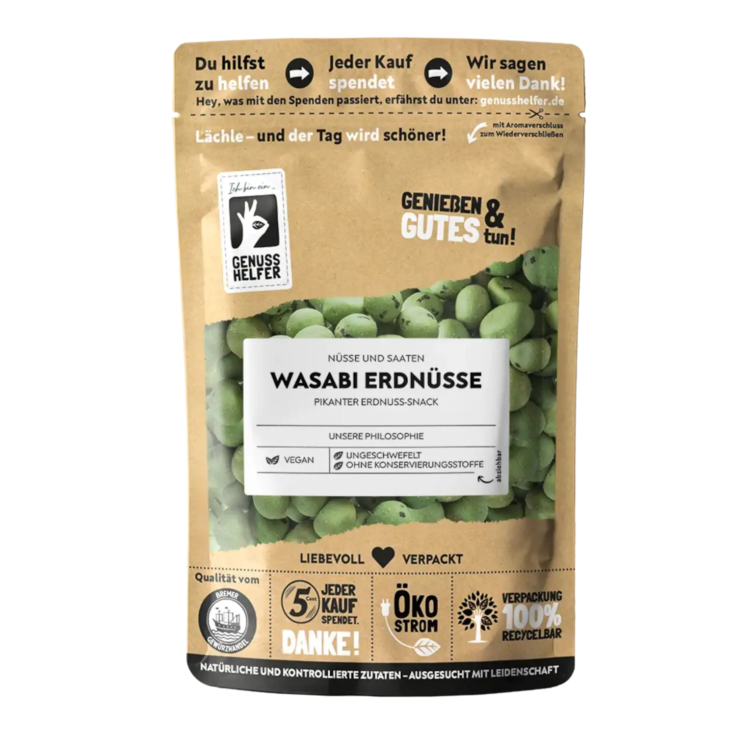 Erdnüsse Wasabi Vorderansicht eines Beutels mit Wasabi-Erdnüssen