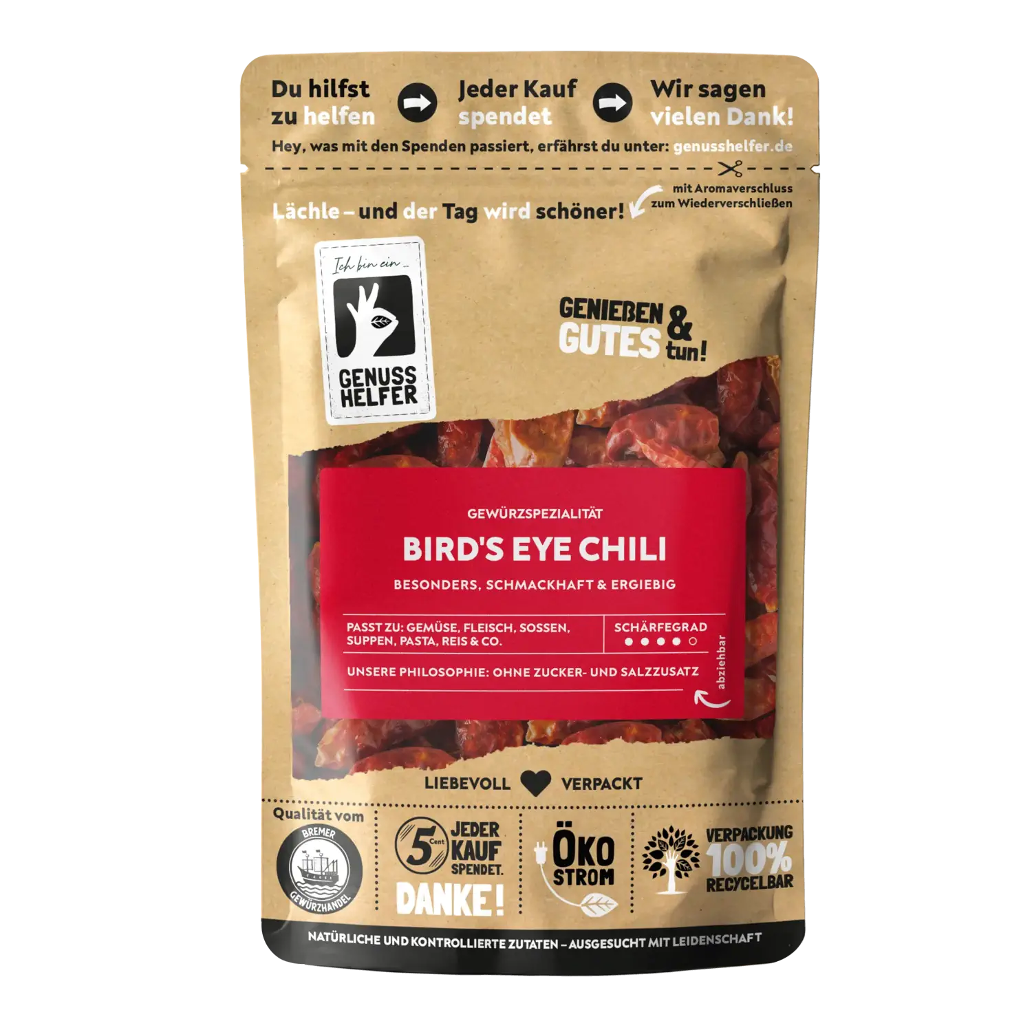 Chili Bird's Eye, ganz Vorderansicht eines Beutels mit ganzen Bird’s Eye Chilis