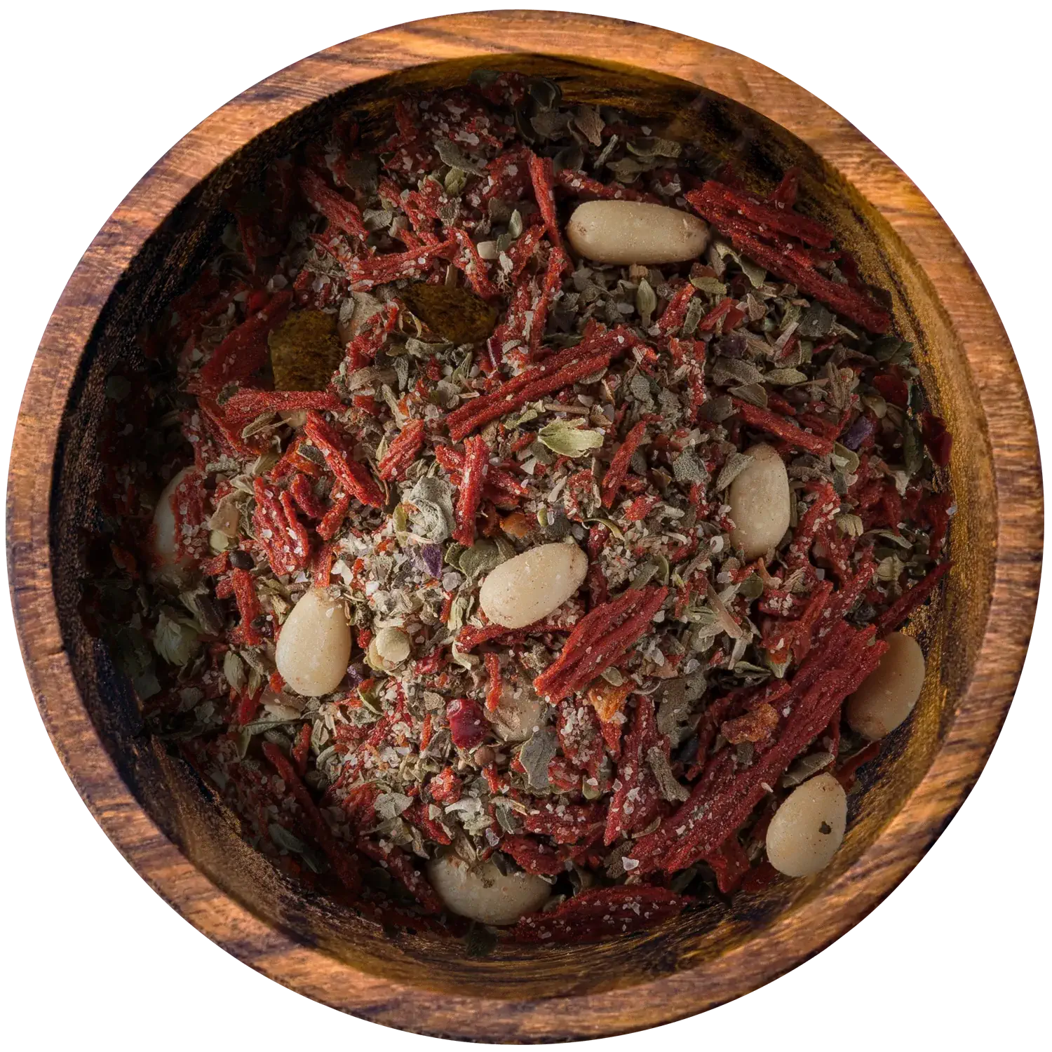 Pesto Rosso Gewürzmischung in einer Holzschale