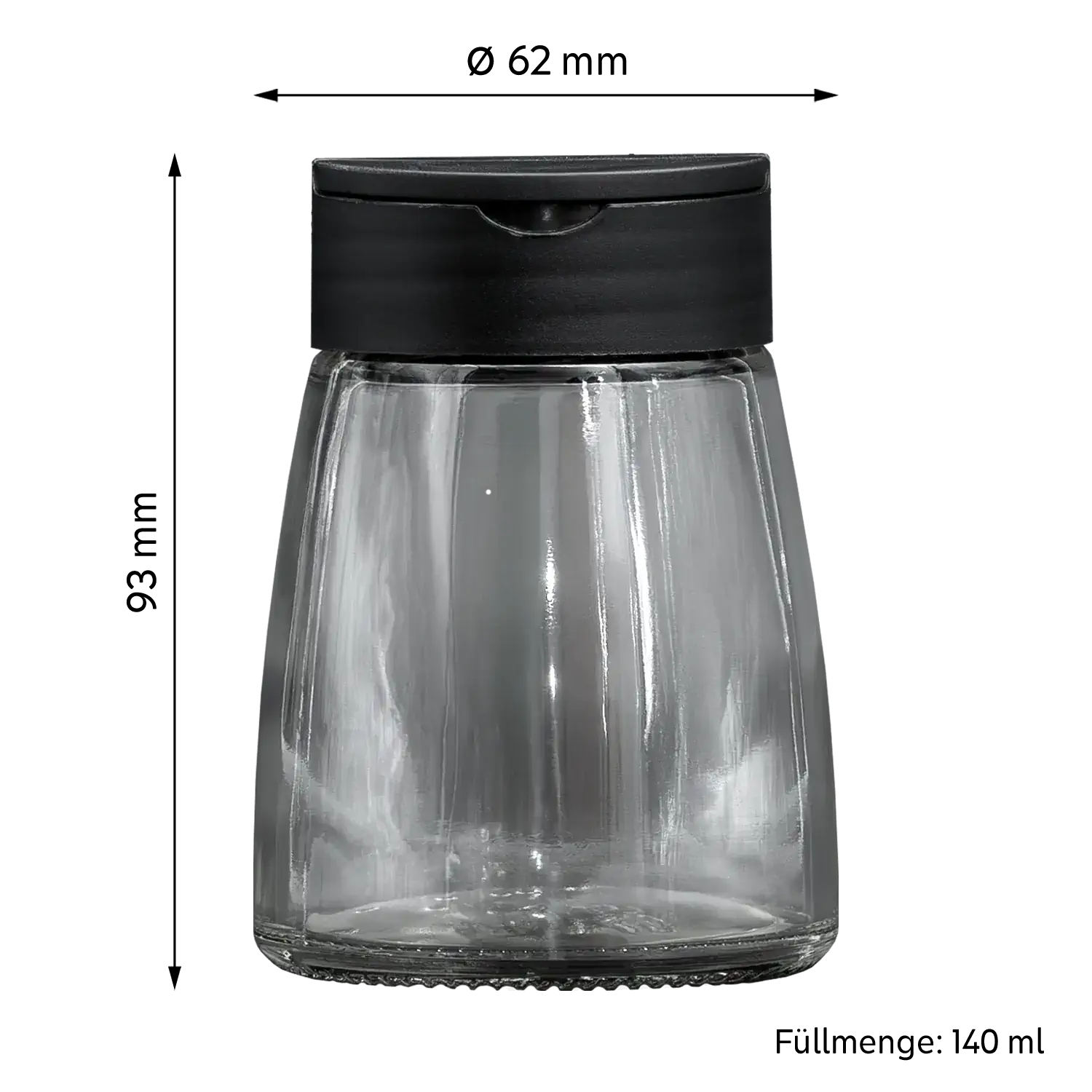 Gewürzstreuer 140 ml (Grob/Fein), transparent mit schwarzem Deckel – Maße