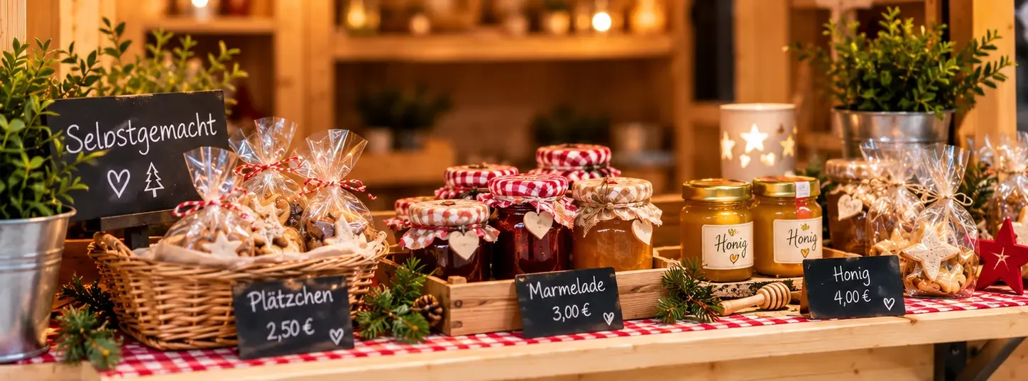Gute Hütte Verkaufstisch mit selbstgemachten Plätzchen, Marmelade und Honig