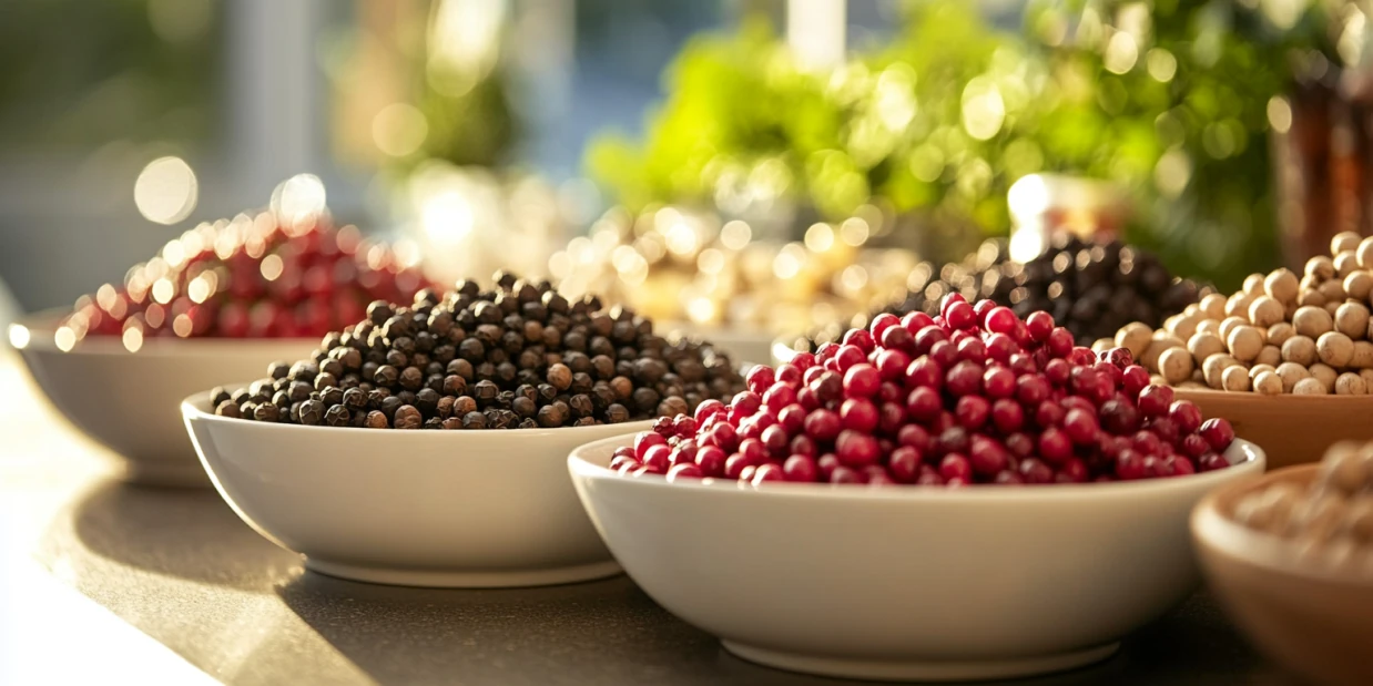 Pfeffersorten in Schwarz, Rosa und Weiß nebeneinander präsentiert