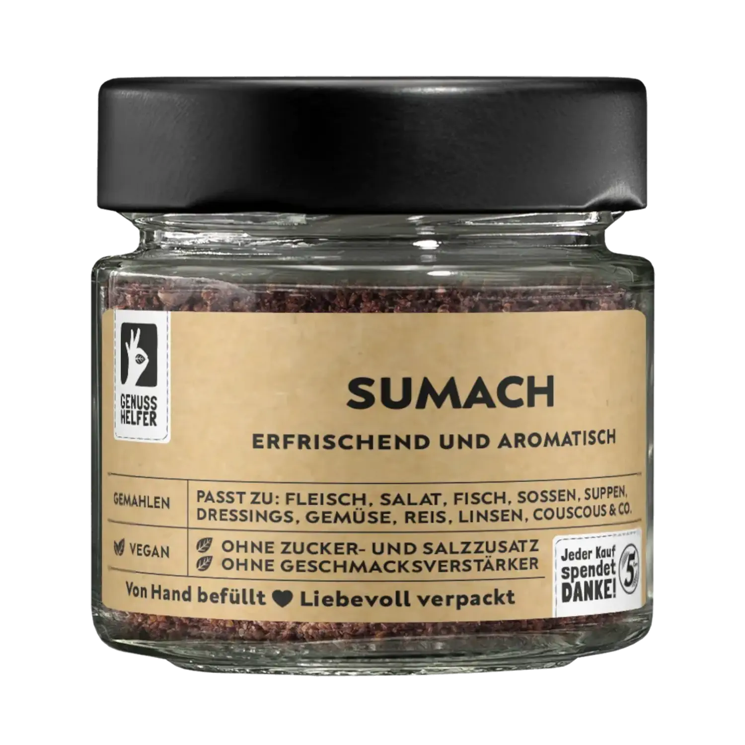 Sumach, gemahlen, im Glas Vorderansicht eines Glases mit gemahlenem Sumach