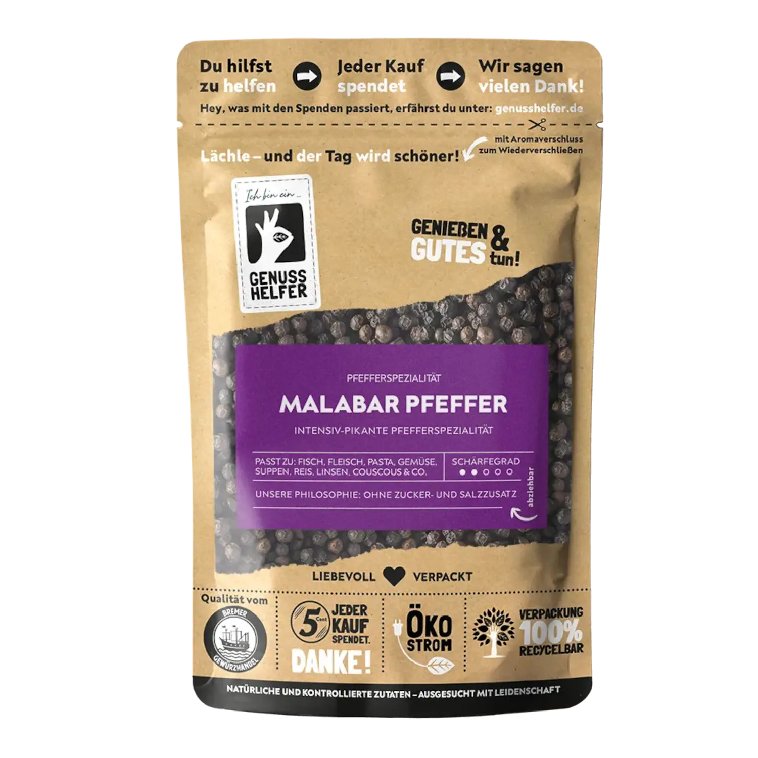 Malabar Pfeffer, ganz Vorderansicht eines Beutels mit ganzem Malabar-Pfeffer