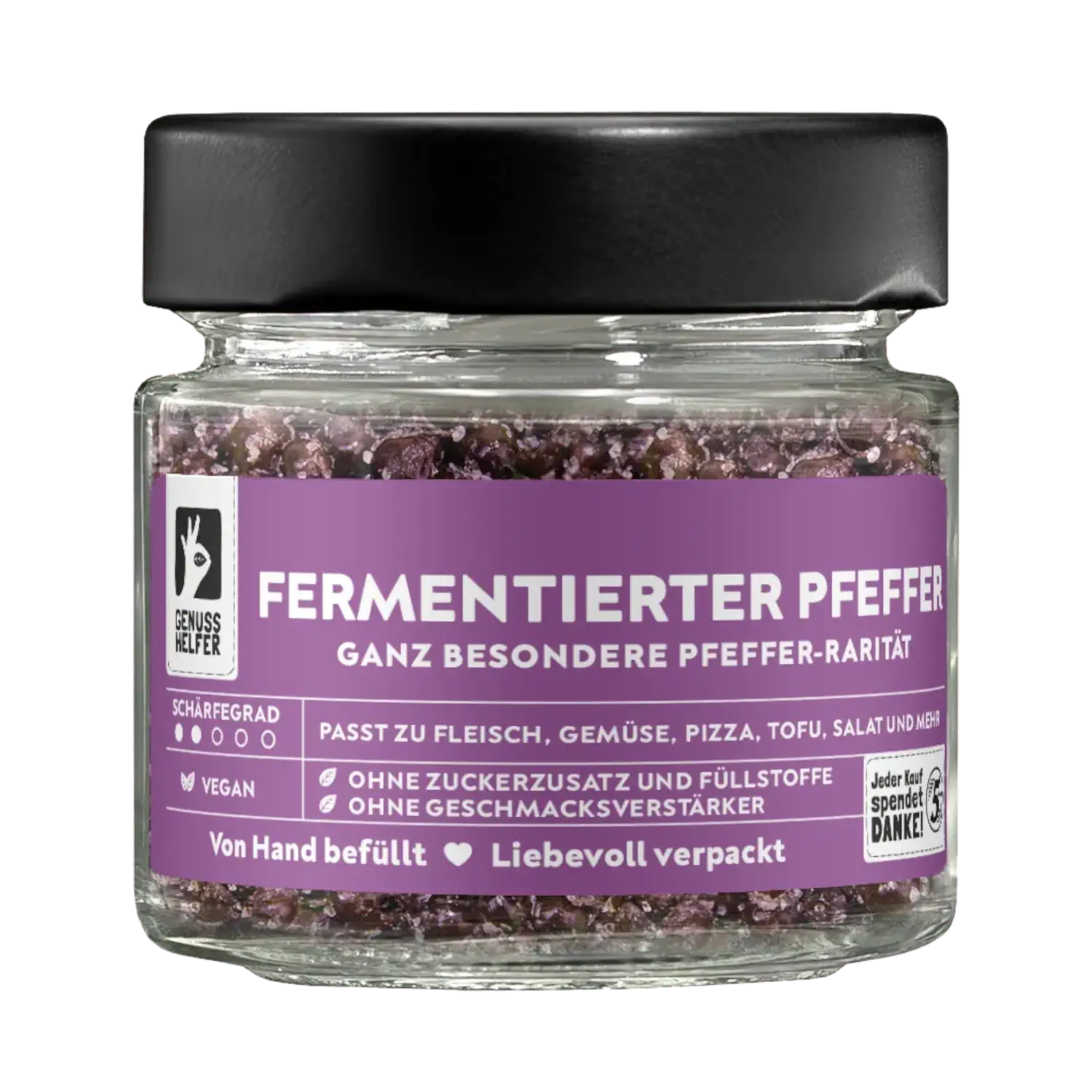 Fermentierter Pfeffer, im Glas Vorderansicht eines Glases mit fermentiertem Pfeffer