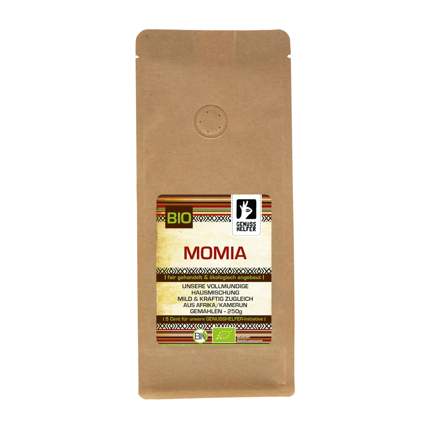 Detailansicht eines 250-g-Beutels mit gemahlenem Kaffee „Momia“