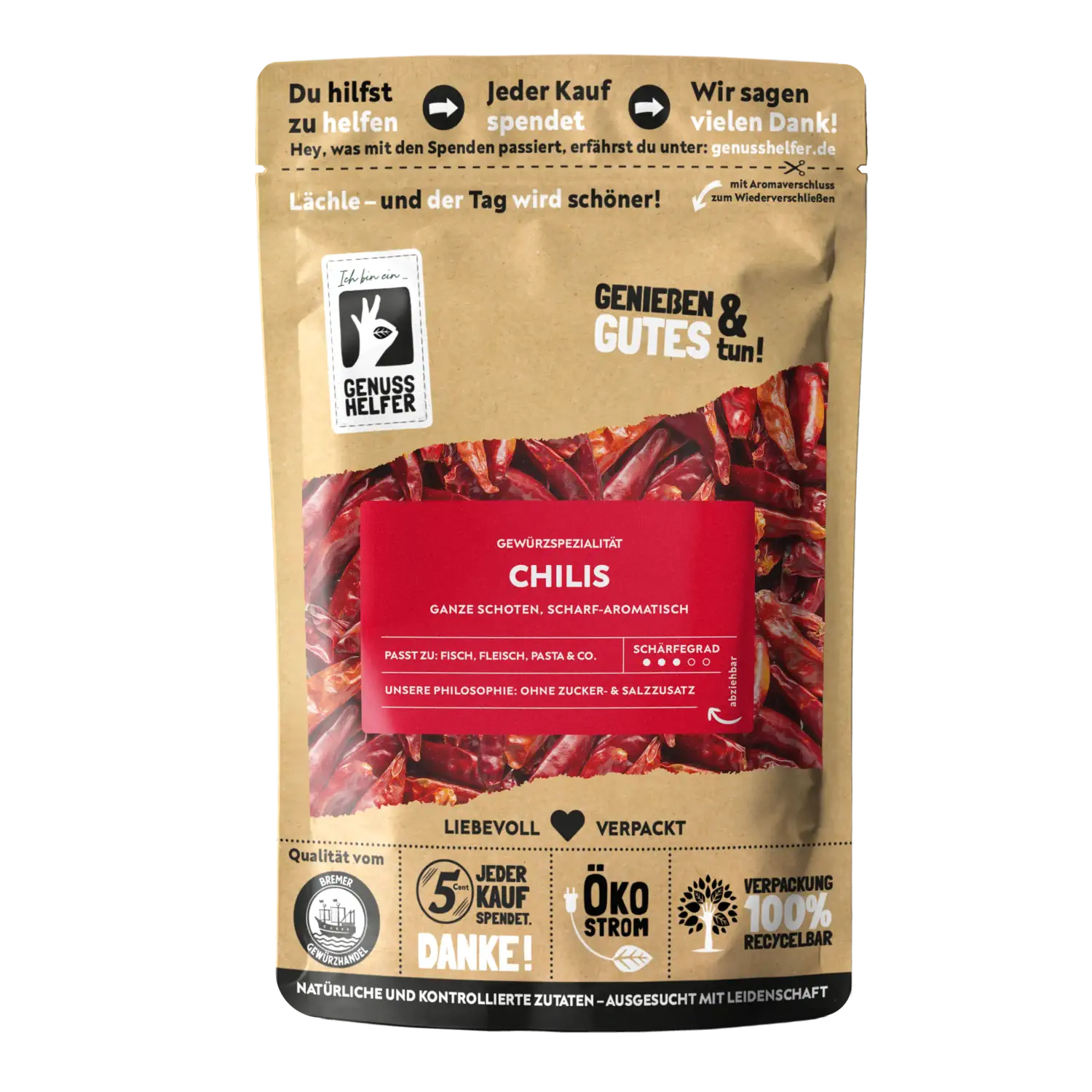 Chilis, ganz Vorderansicht eines Beutels mit ganzen Chilis