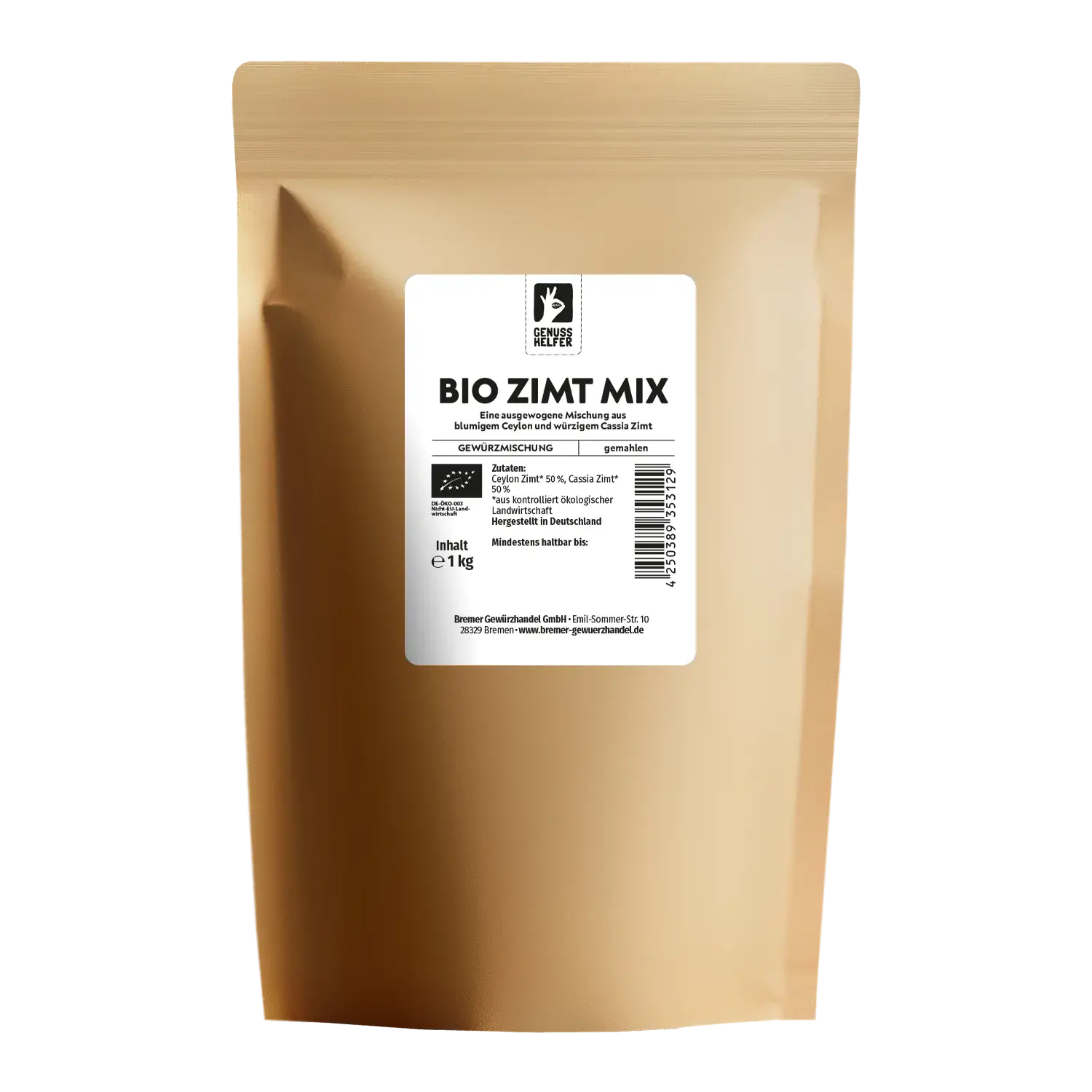 Vorderansicht eines Beutels mit gemahlenem Bio-Zimt-Mix