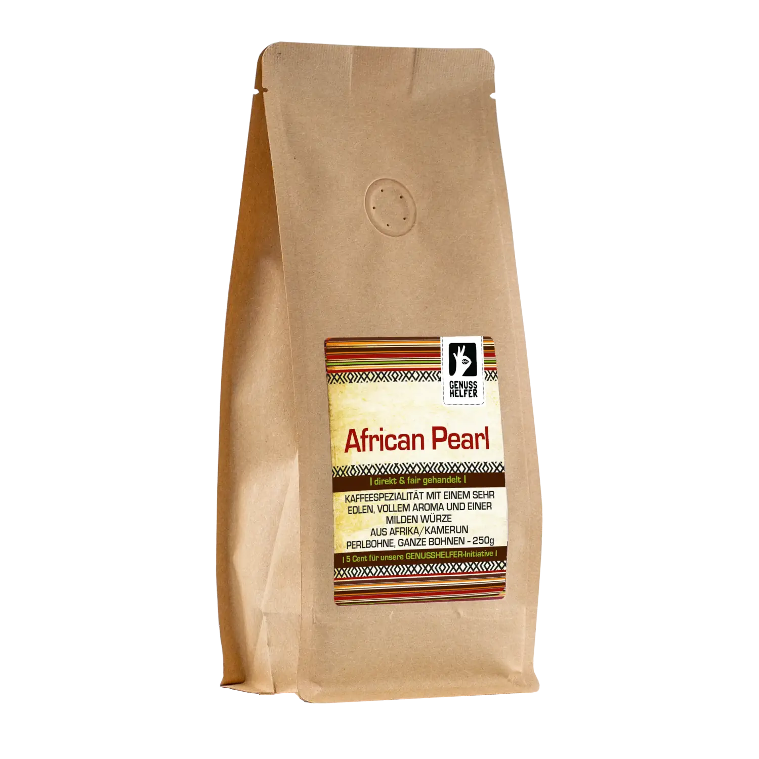 Vorderansicht eines 250-g-Beutels Kaffee „African Pearl“, ganze Bohnen