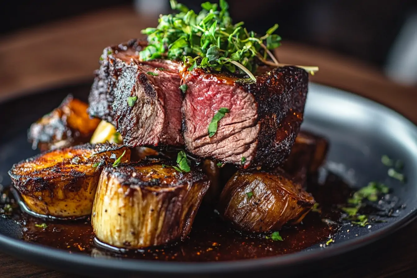 Steak mit Maniok und aromatischen Gewürzen kombiniert