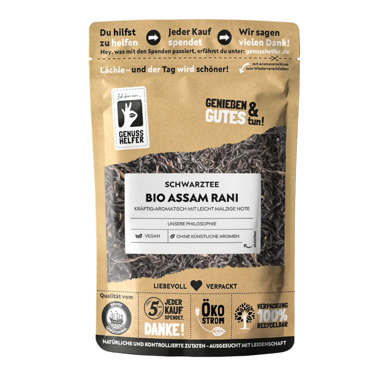Assam Rani BIO, 3er Pack Vorderansicht eines Beutels mit Assam Rani Bio-Schwarztee