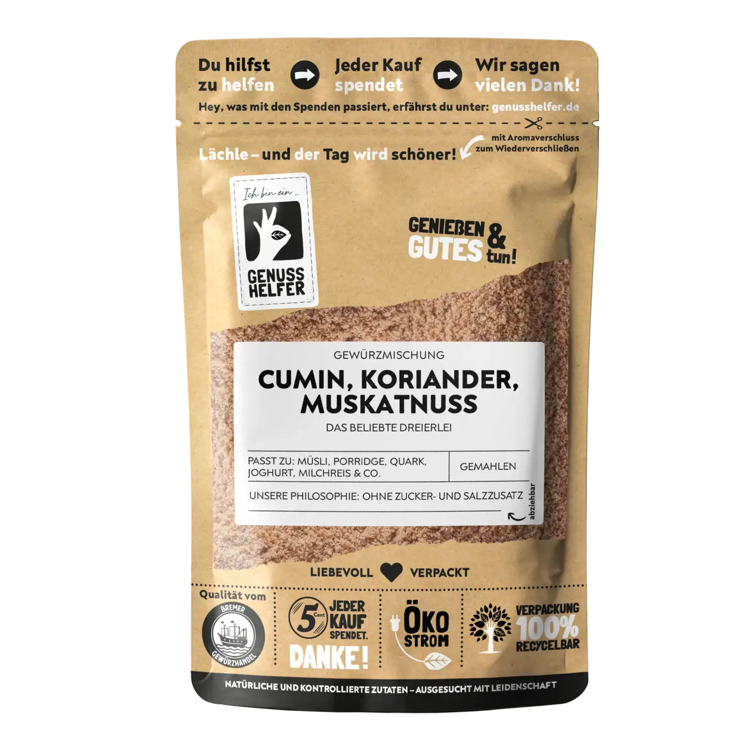 Cumin, Koriander, Muskatnuss Vorderansicht eines Beutels mit gemahlener Mischung aus Cumin, Koriander und Muskatnuss