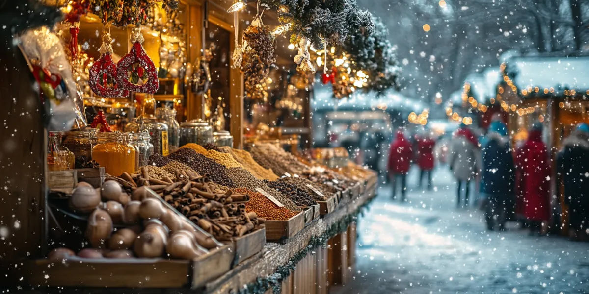 Gewürzstand auf einem Winter- oder Weihnachtsmarkt dekorativ beleuchtet