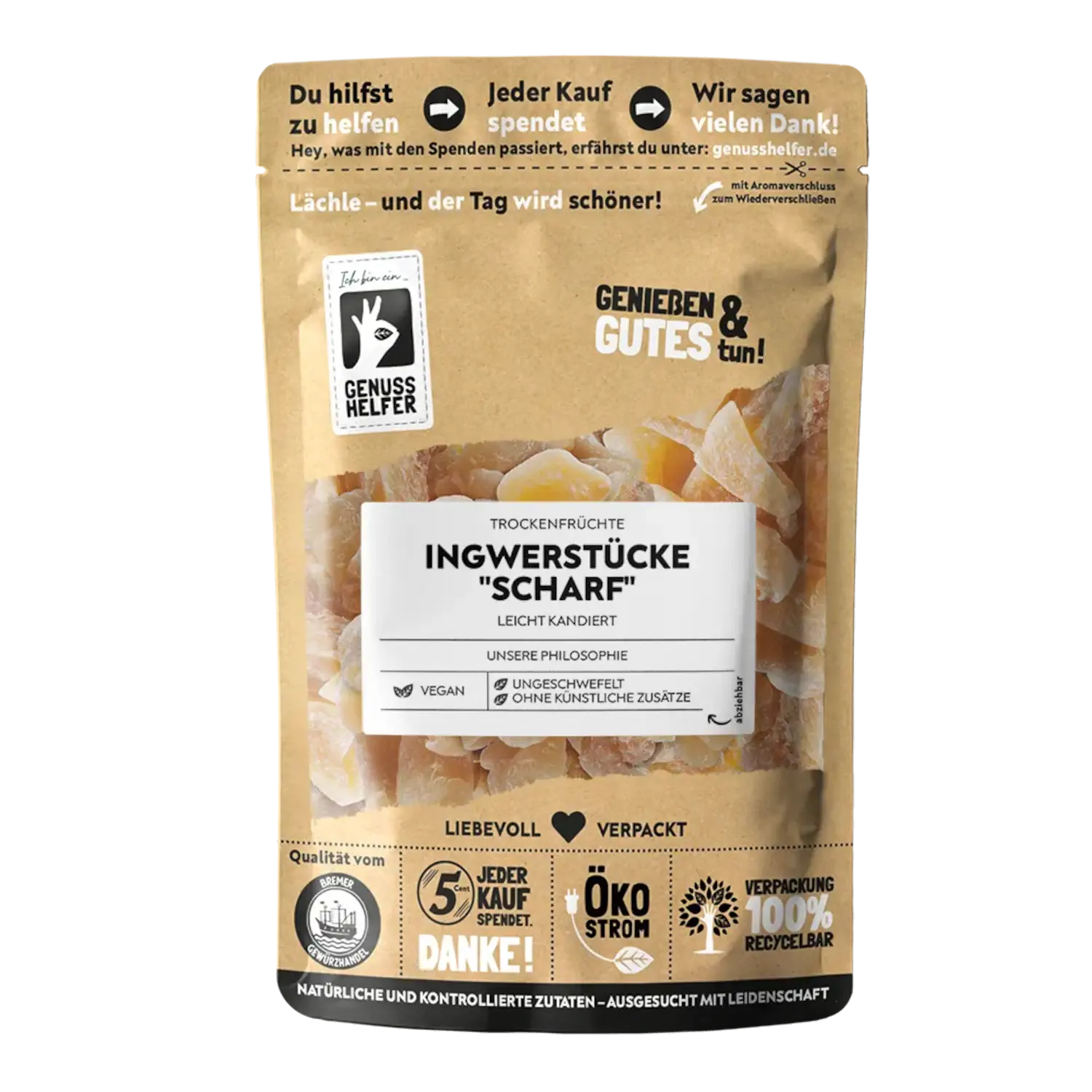 Ingwerstücke scharf, mit Fruktose, 3er Pack Vorderansicht eines Beutels mit scharfen Ingwerstücken und Fructose