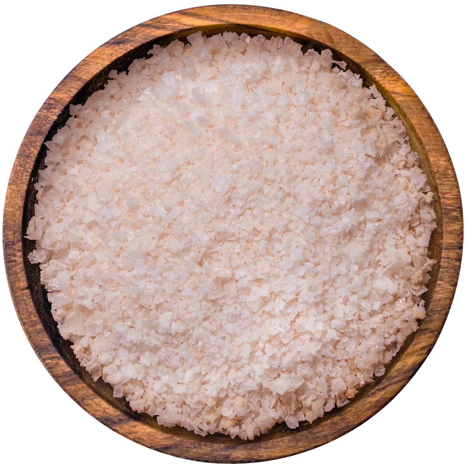 Pink Salt Flakes, im Glas Vorderansicht eines Glases mit rosa Steinsalzflocken „Pink Salt Flakes“