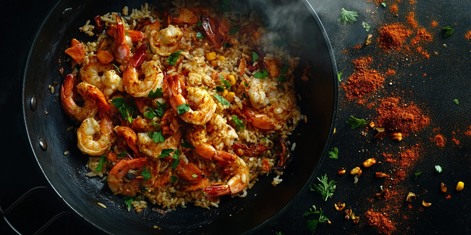 Reis-Meeresfrüchte-Pfanne mit Cajun-Gewürz abgeschmeckt