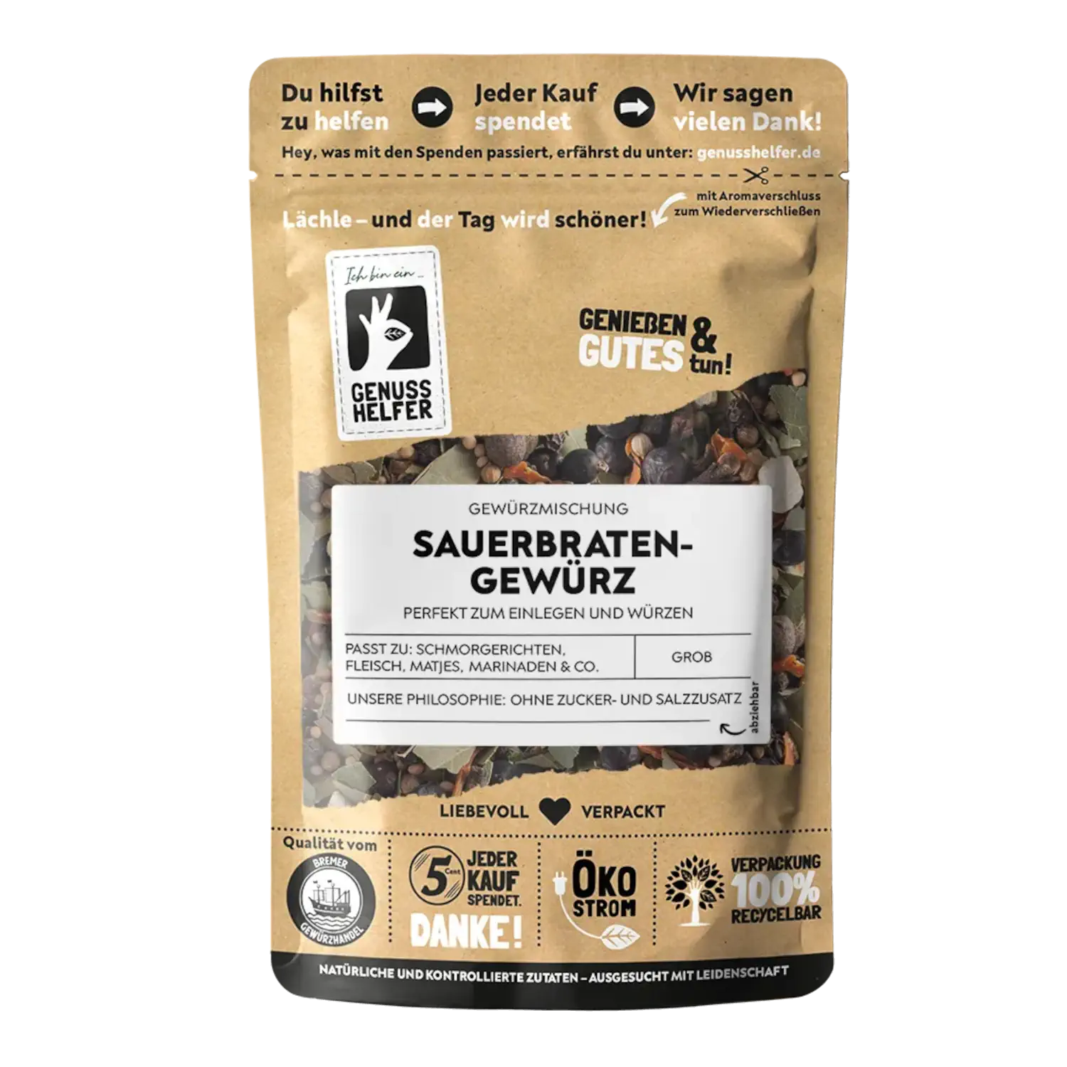 Vorderansicht eines Beutels mit grobem Sauerbratengewürz