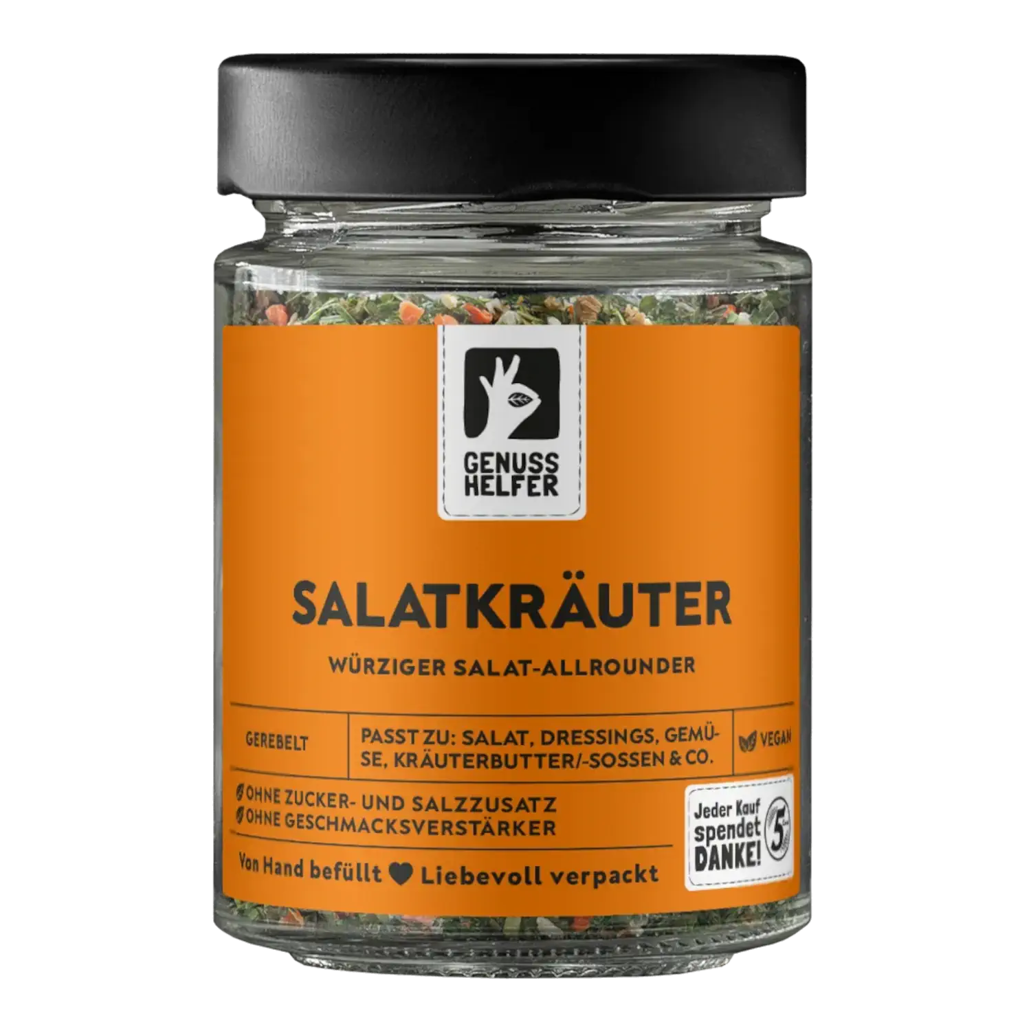 Vorderansicht eines Glases mit grob gemahlenen Salatkräutern