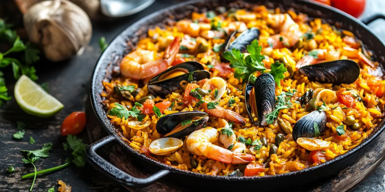 Spanische Paella mit Meeresfrüchten, Muscheln und Shrimps in der Reispfanne