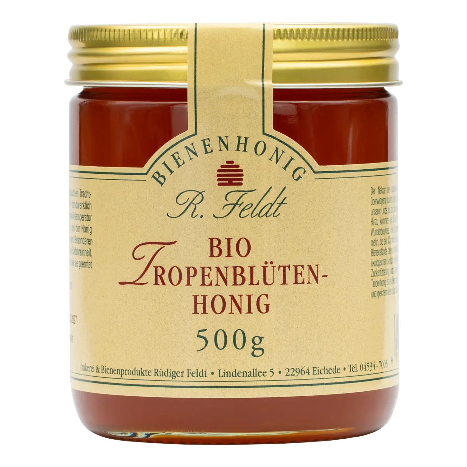 Tropenblütenhonig BIO Vorderansicht eines Glases Bio-Tropenblütenhonig