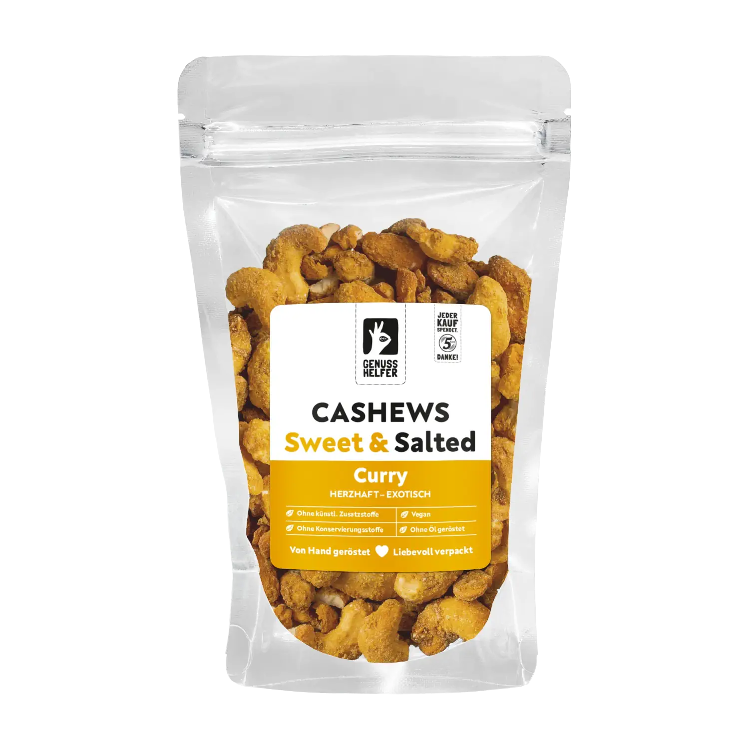 Cashews Curry süß & salzig Vorderansicht eines Beutels mit Cashewkernen „Curry süß-salzig“