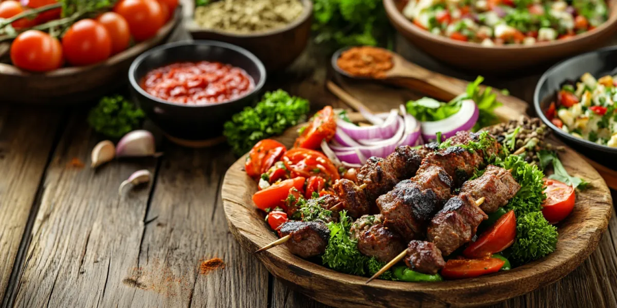 Türkische Kebabs mit Fleischspießen und Gemüse gegrillt