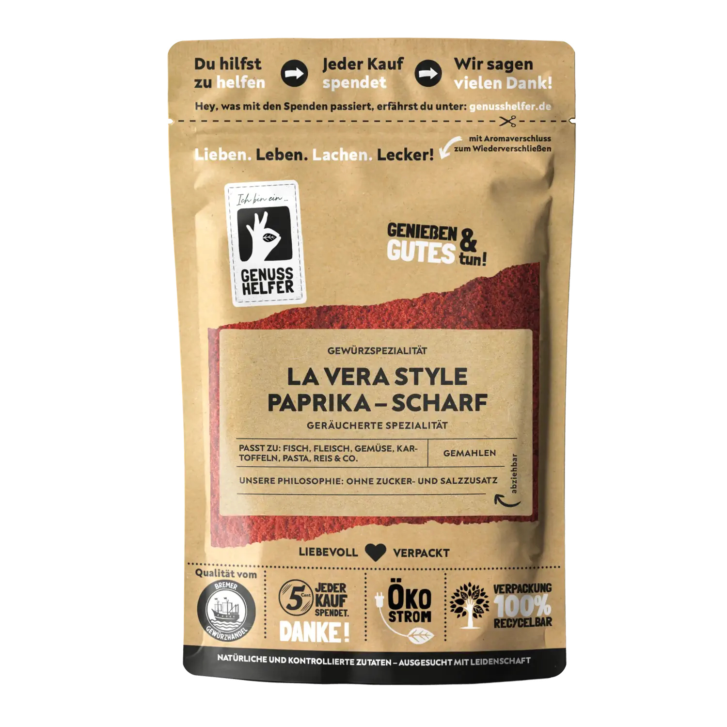 Paprika La Vera Style, scharf, gemahlen Vorderansicht eines Beutels mit gemahlenem Paprika La Vera Style (scharf)