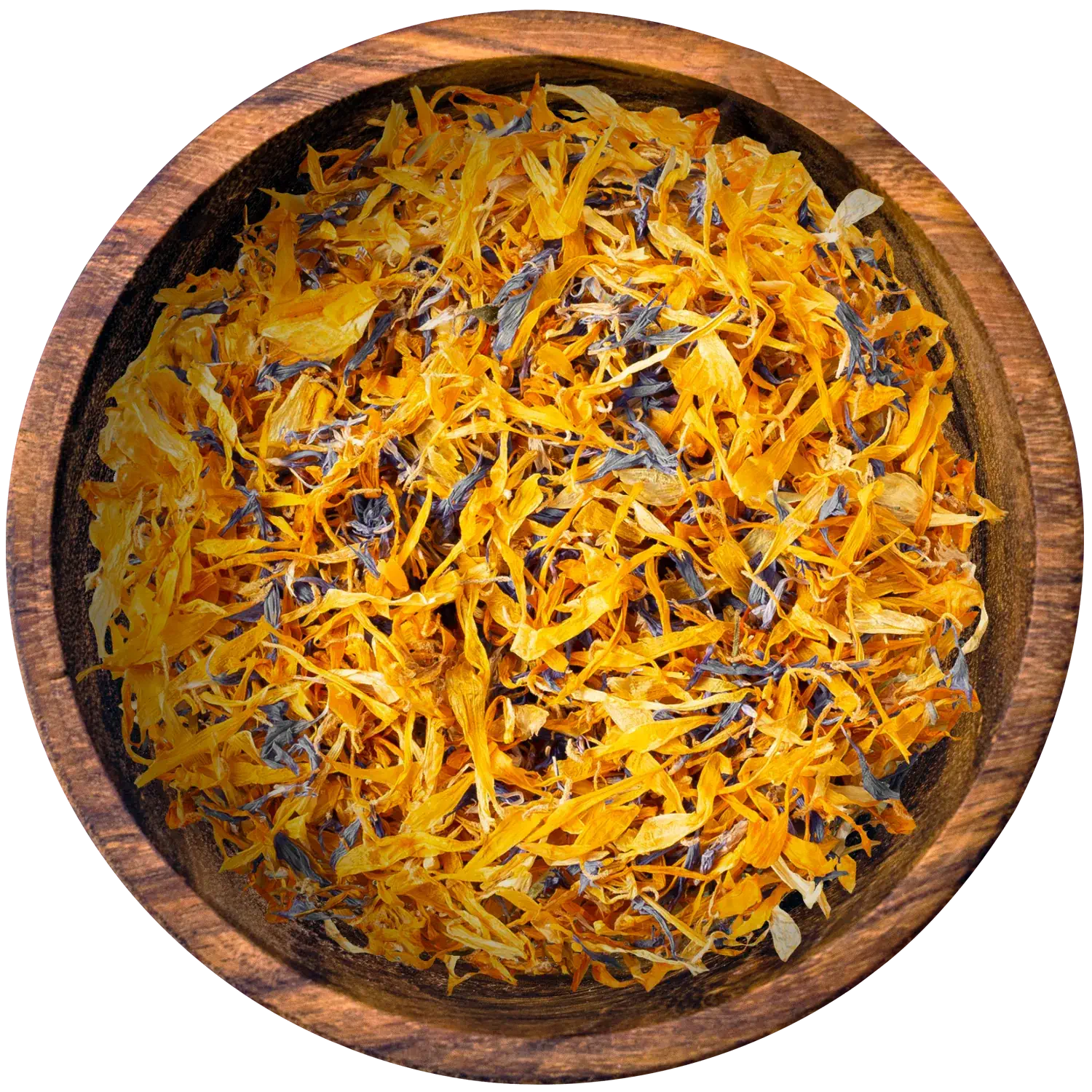 Blüten Mix, Essblüten Essbare Blütenmischung in einer Holzschale