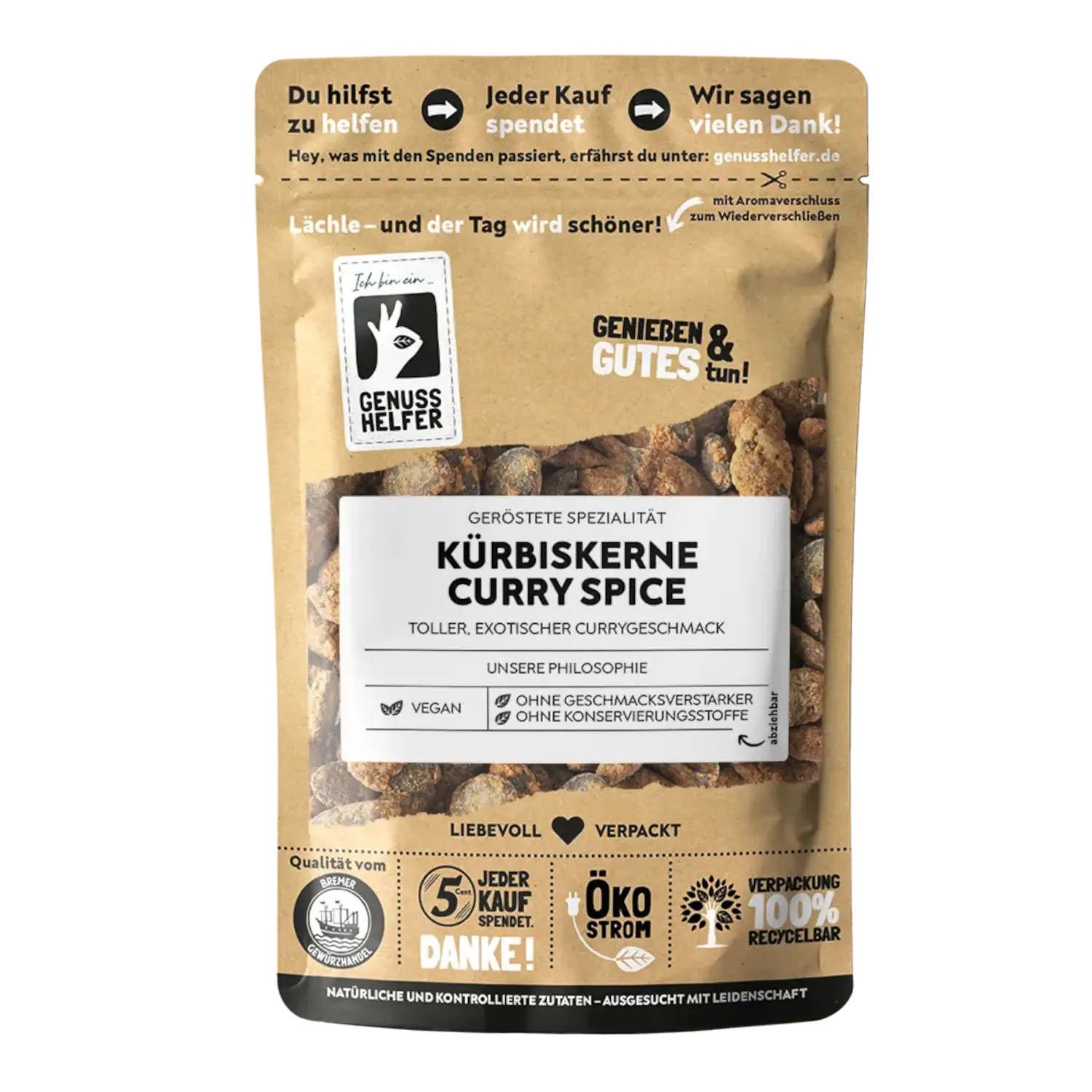 Kürbiskerne Curry Spice, geröstet Vorderansicht eines Beutels mit gerösteten Curry-Kürbiskernen