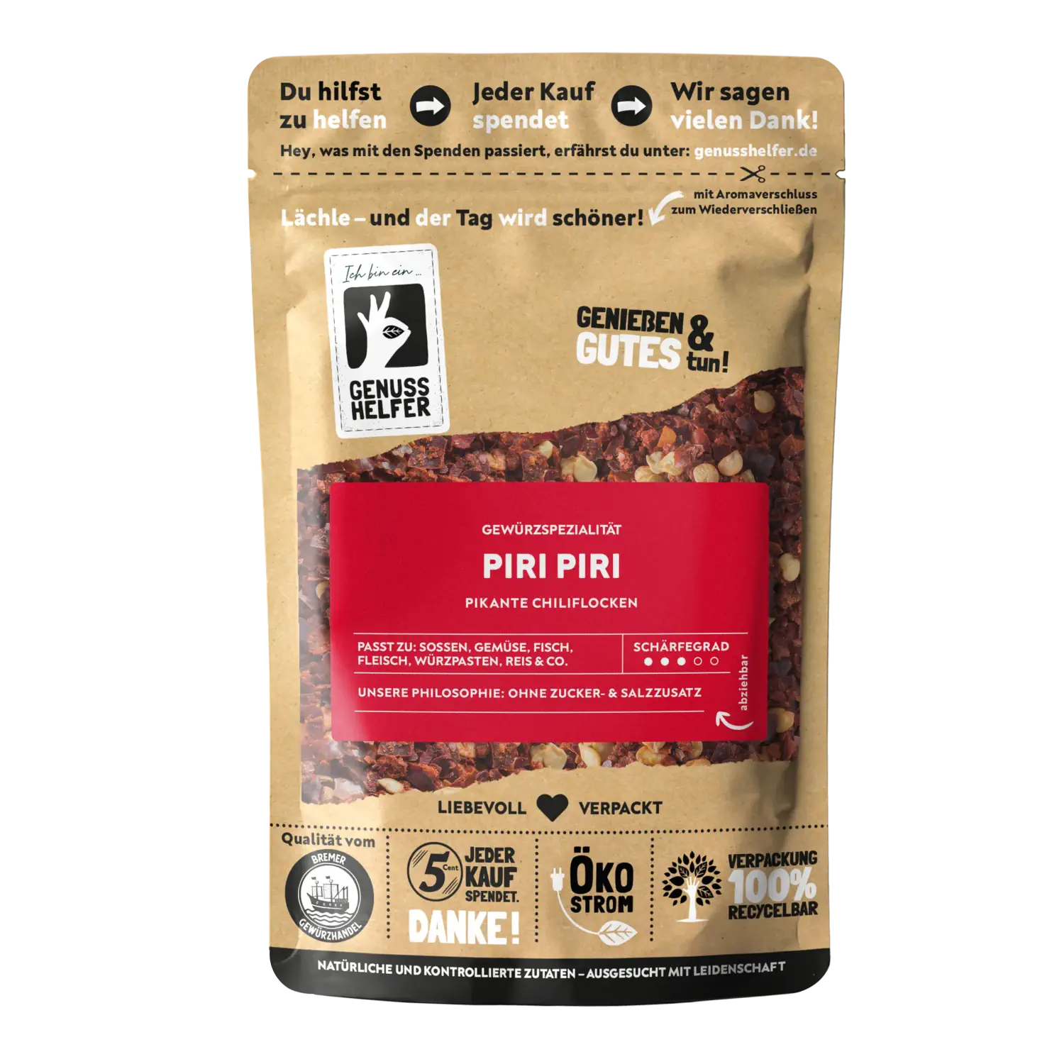 Piri Piri, geschrotet Vorderansicht eines Beutels mit geschrotetem Piri-Piri