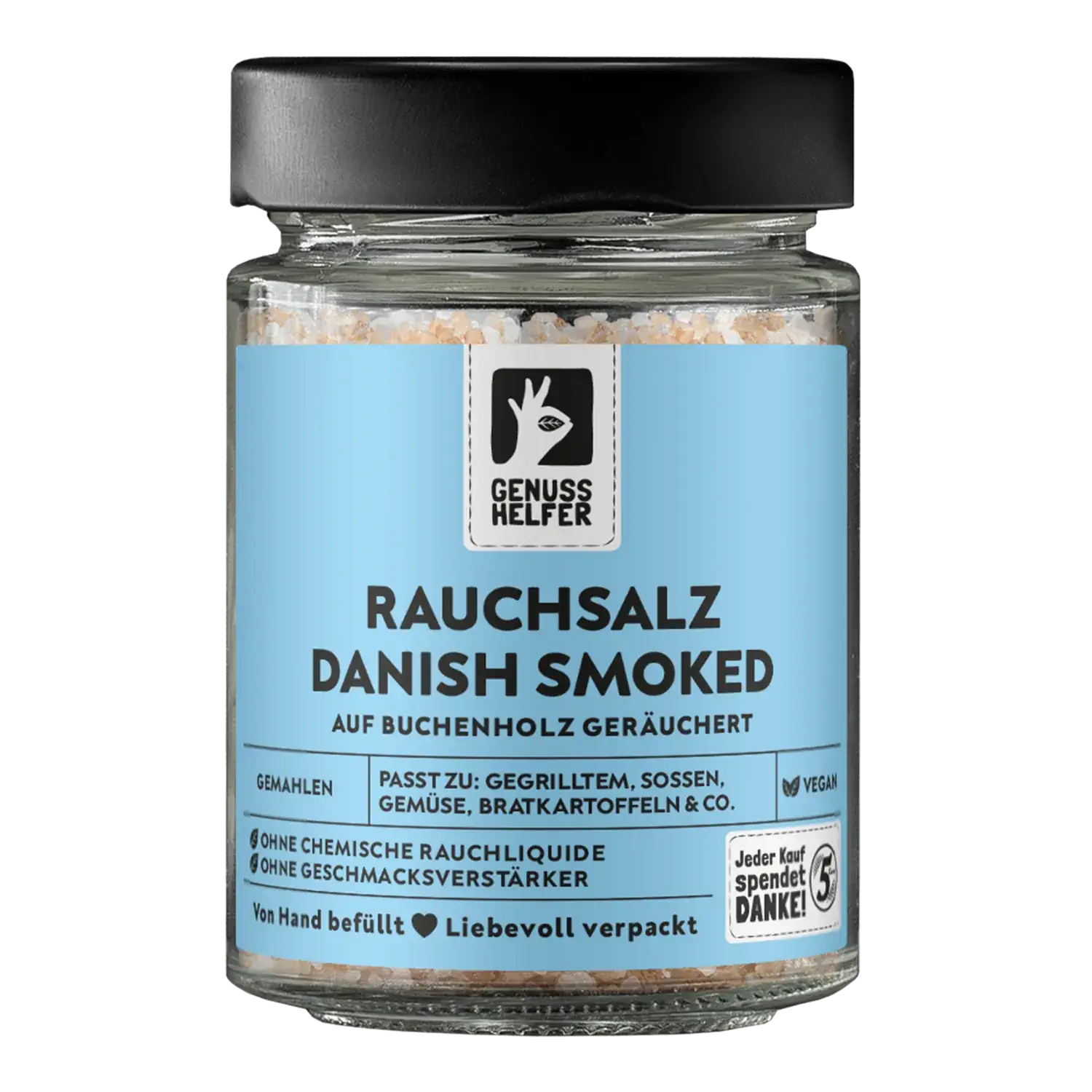 Dänisches Rauchsalz Danish Smoked, im Glas Vorderansicht eines Glases mit dänischem Rauchsalz