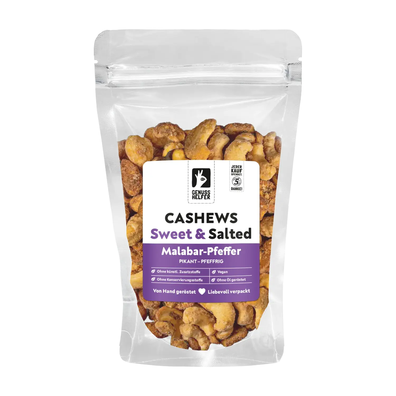 Cashews Malabar-Pfeffer süß & salzig Vorderansicht eines Beutels mit Cashewkernen „Malabar-Pfeffer süß-salzig“