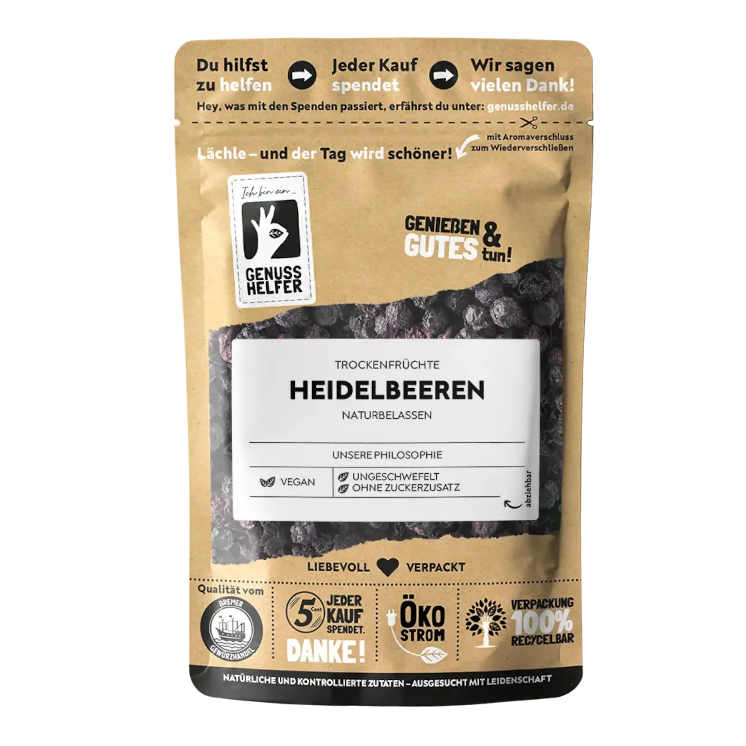 Heidelbeeren, getrocknet Vorderansicht eines Beutels mit getrockneten Heidelbeeren