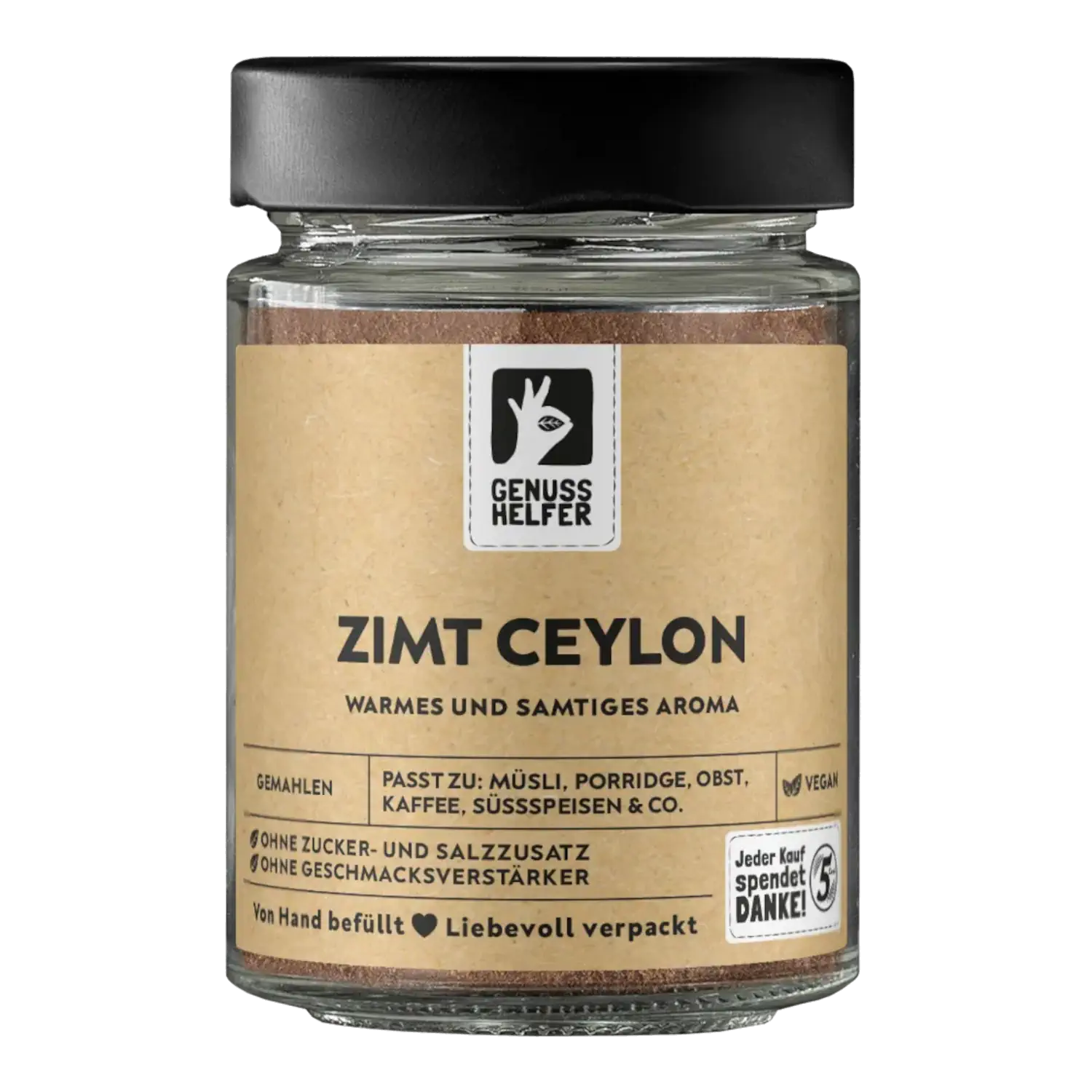 Zimt Ceylon, gemahlen, im Glas Vorderansicht eines Glases mit gemahlenem Ceylon-Zimt
