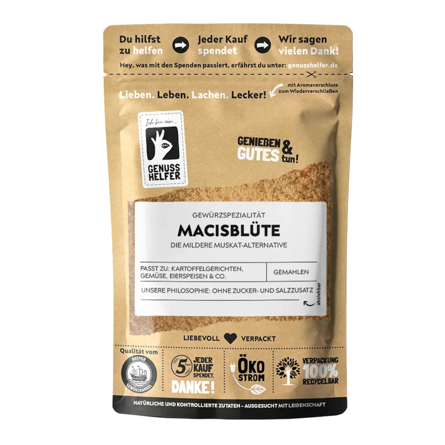 Macis Gewürz, Muskatblüte, gemahlen Vorderansicht eines Beutels mit gemahlener Macisblüte