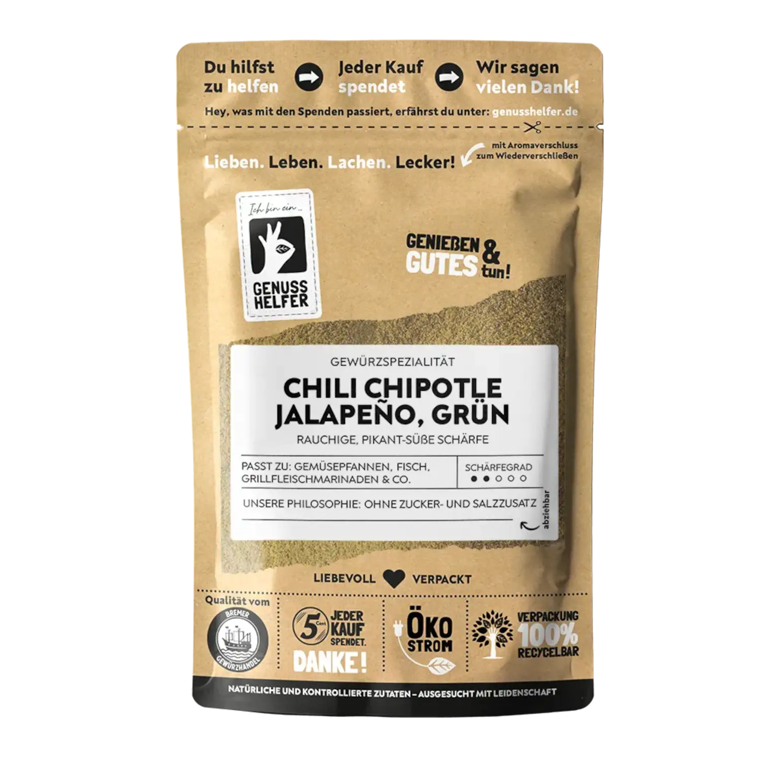 Chili Jalapeño grün, gemahlen Vorderansicht eines Beutels mit grünen Chipotle Chili Jalapeño