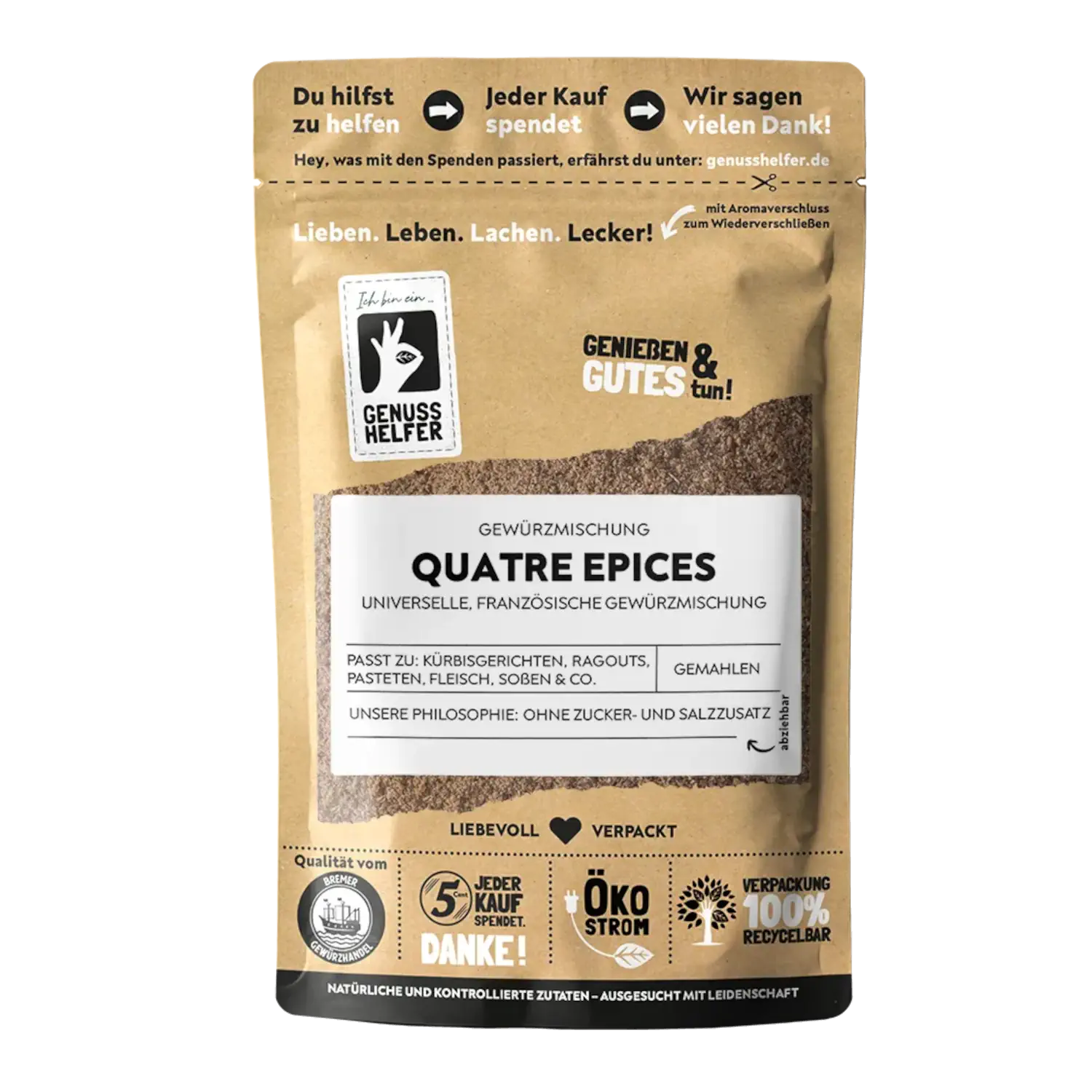 Quatre Épices, gemahlen Gemahlene Gewürzmischung „Quatre Épices“ in einer Holzschale