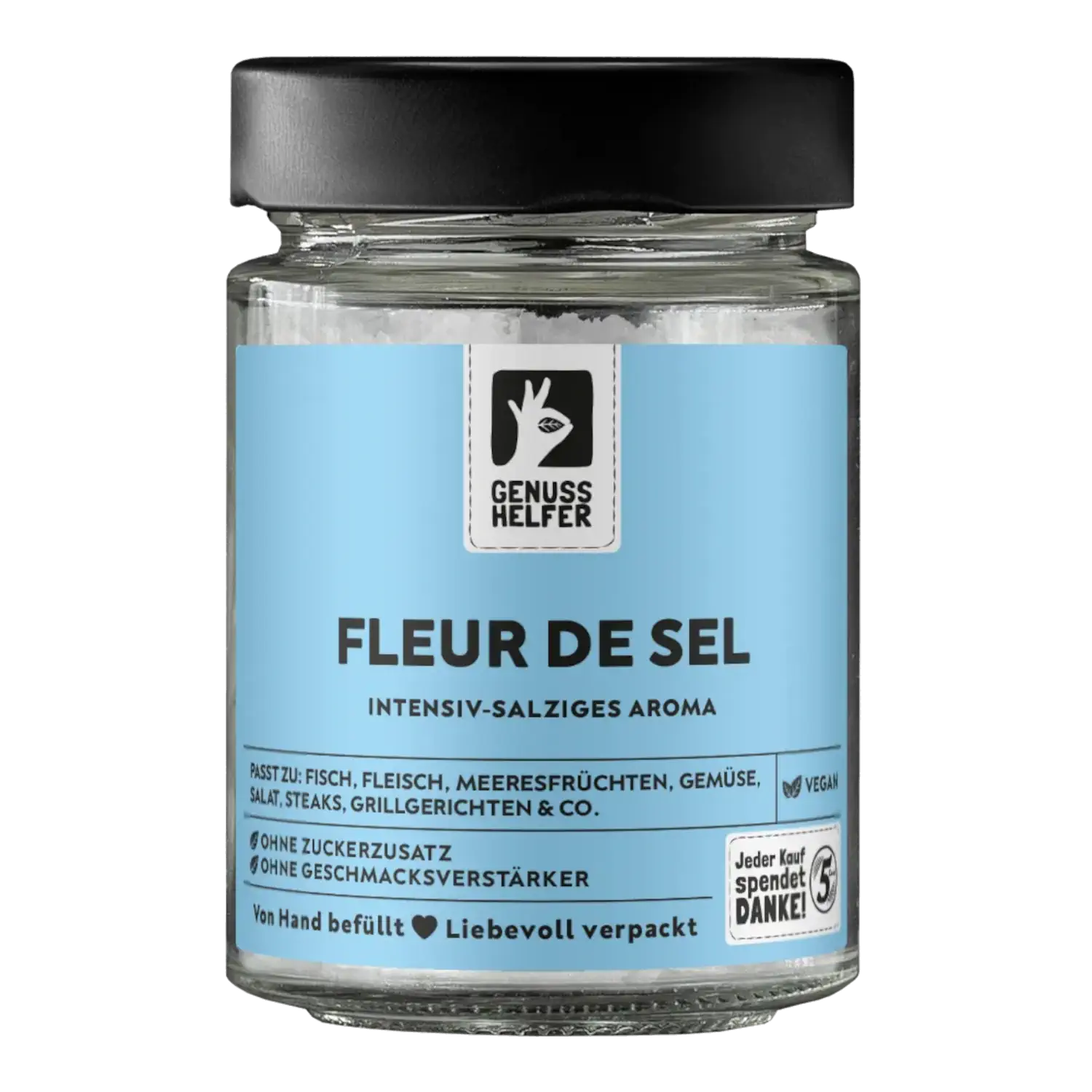 Fleur de Sel, im Glas Vorderansicht eines Glases mit Fleur de Sel