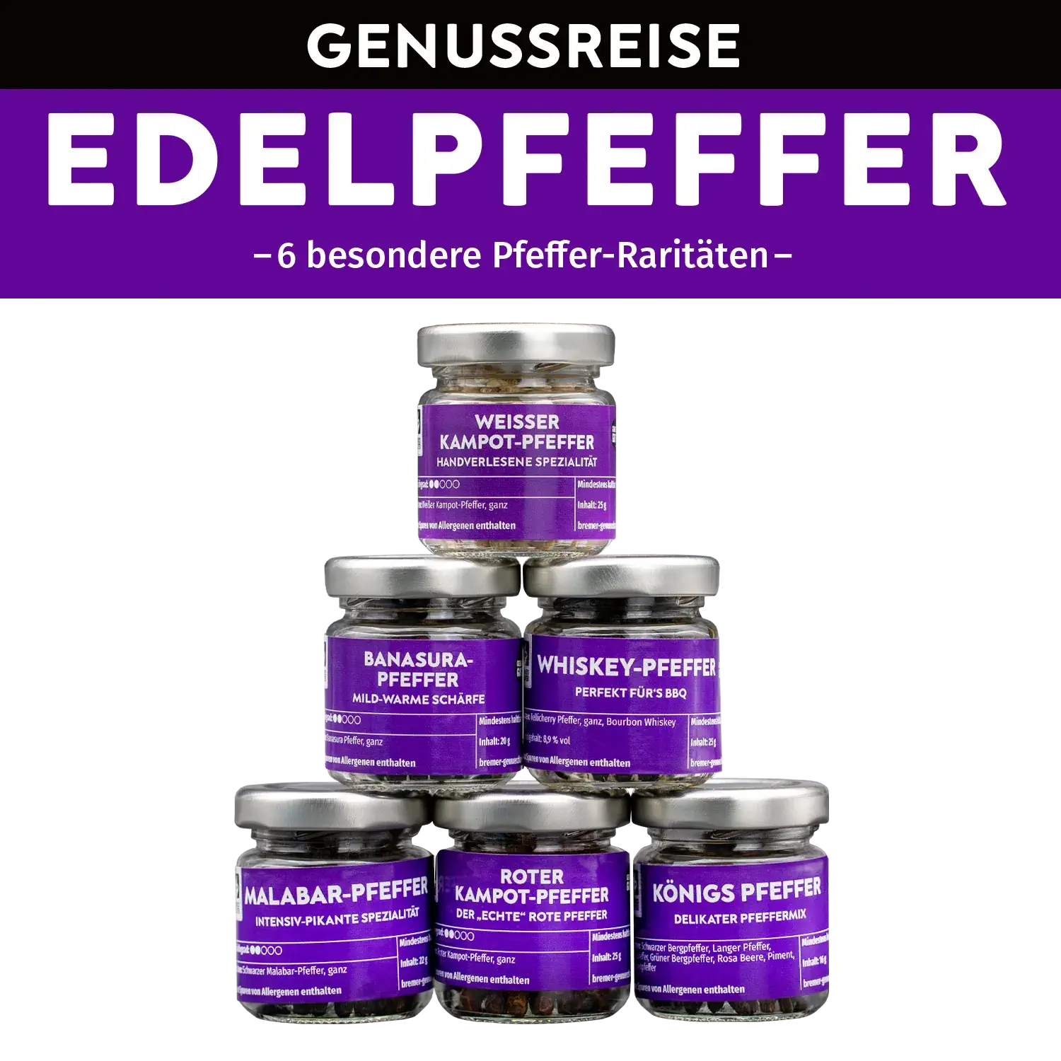 Genussreise Edel-Pfeffer, 6 Tlg. Zusammenstellung von Gläsern mit Edelpfeffer-Spezialitäten aus der Genussreise