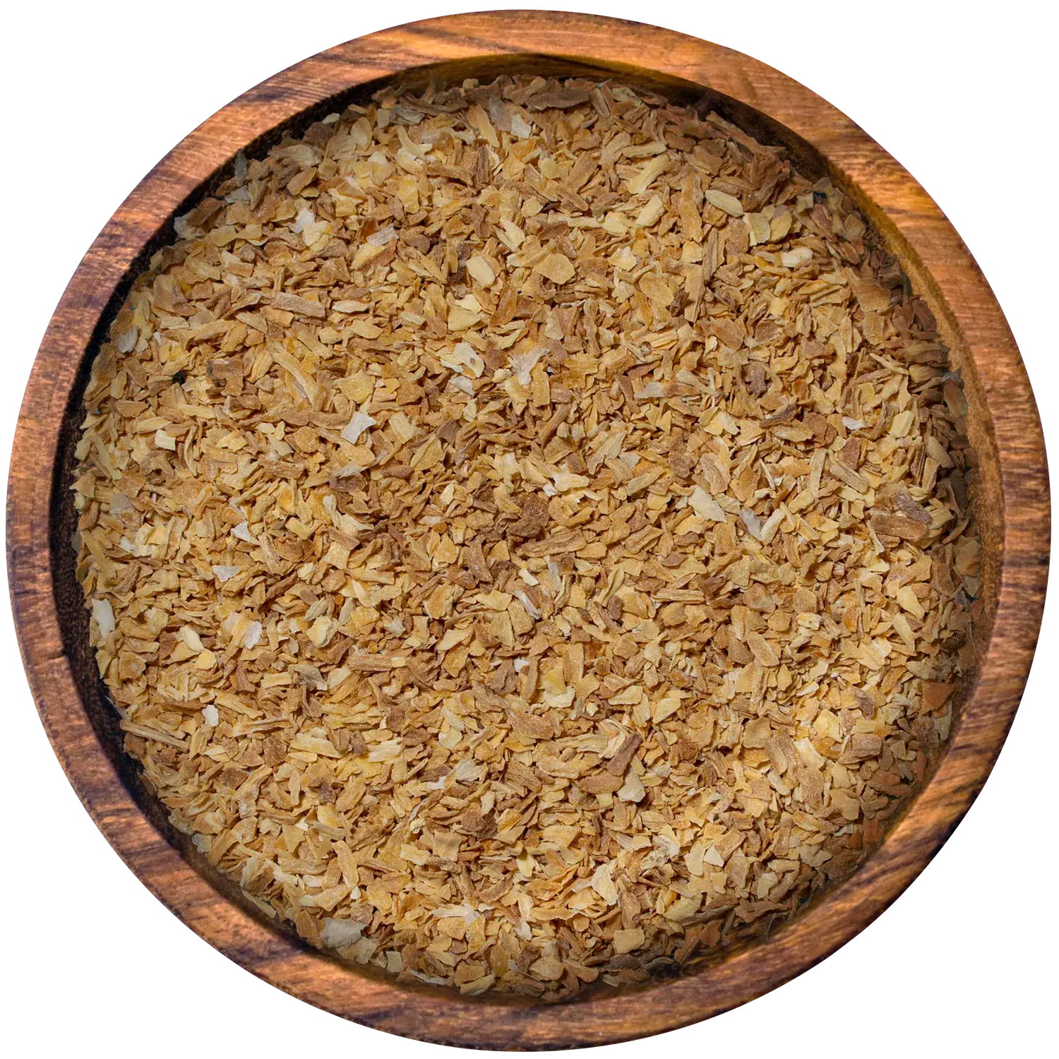 Getoastetes Zwiebelgranulat in einer Holzschale