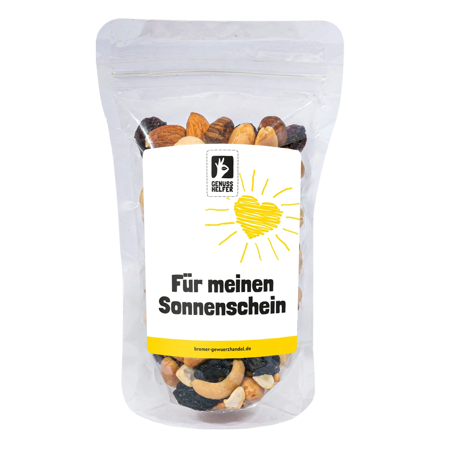 Nuss-Frucht-Mischung „Sonnenschein“ in einem Glas mit individualisierbarem Etikett