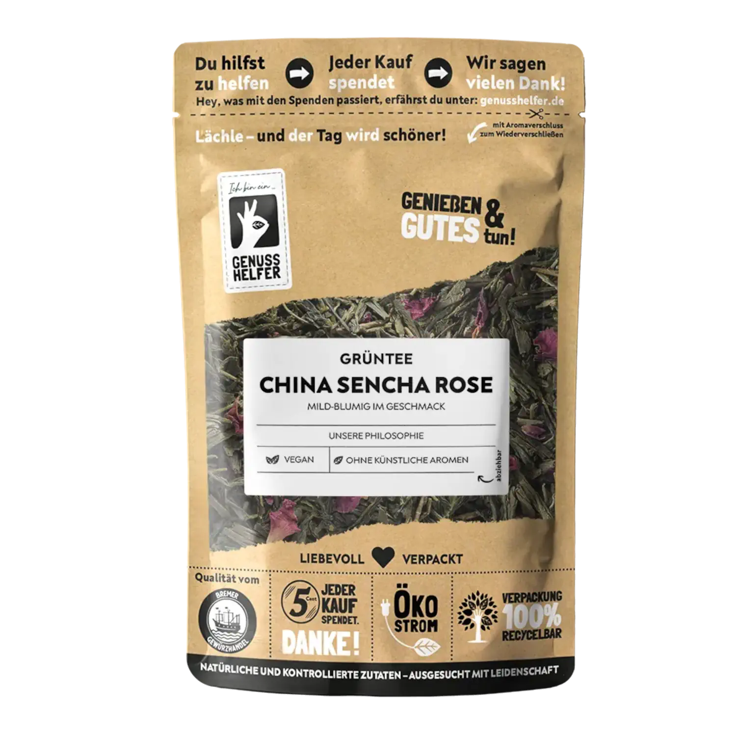 China Sencha Rose Vorderansicht eines Beutels mit China Sencha Rose Grüntee