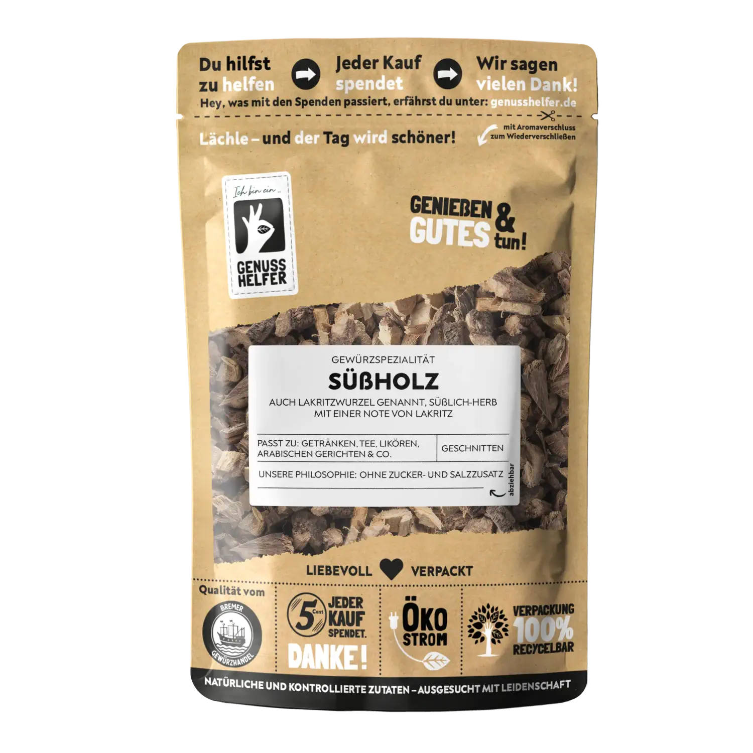 Vorderansicht eines Beutels mit naturbelassenem Süßholz