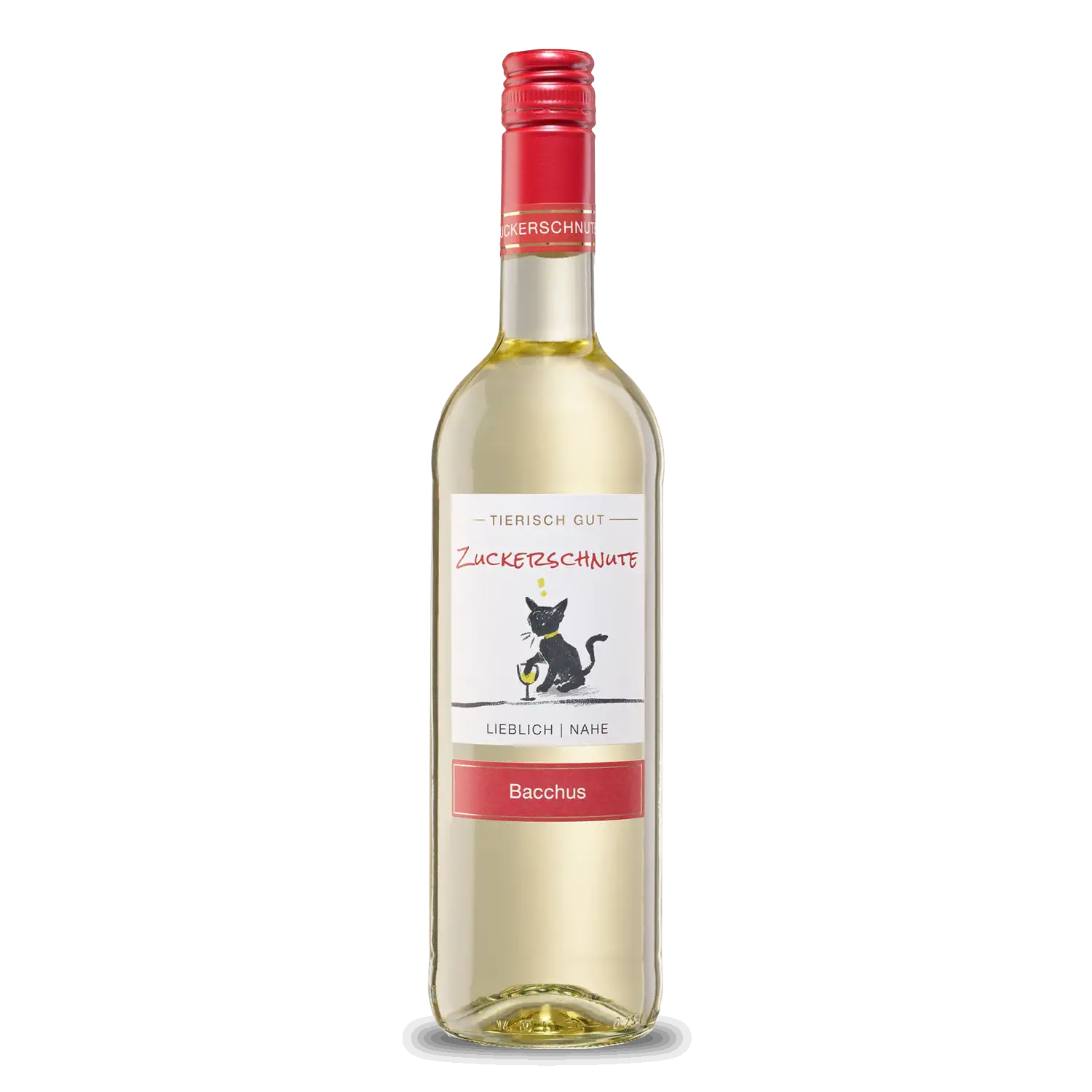 Weißwein Tierisch gut – Zuckerschnute Lieblicher Bacchus-Wein in einer Flasche mit Etikett 'Zuckerschnute'